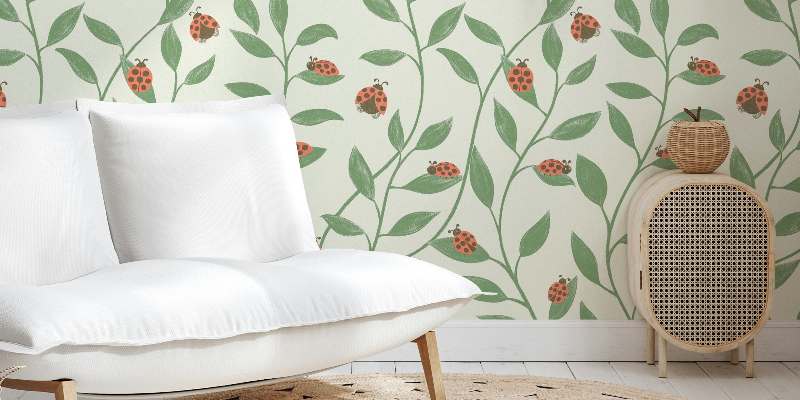 Ladybug garden design with red ladybugs and green leaves on cream wallpaper
