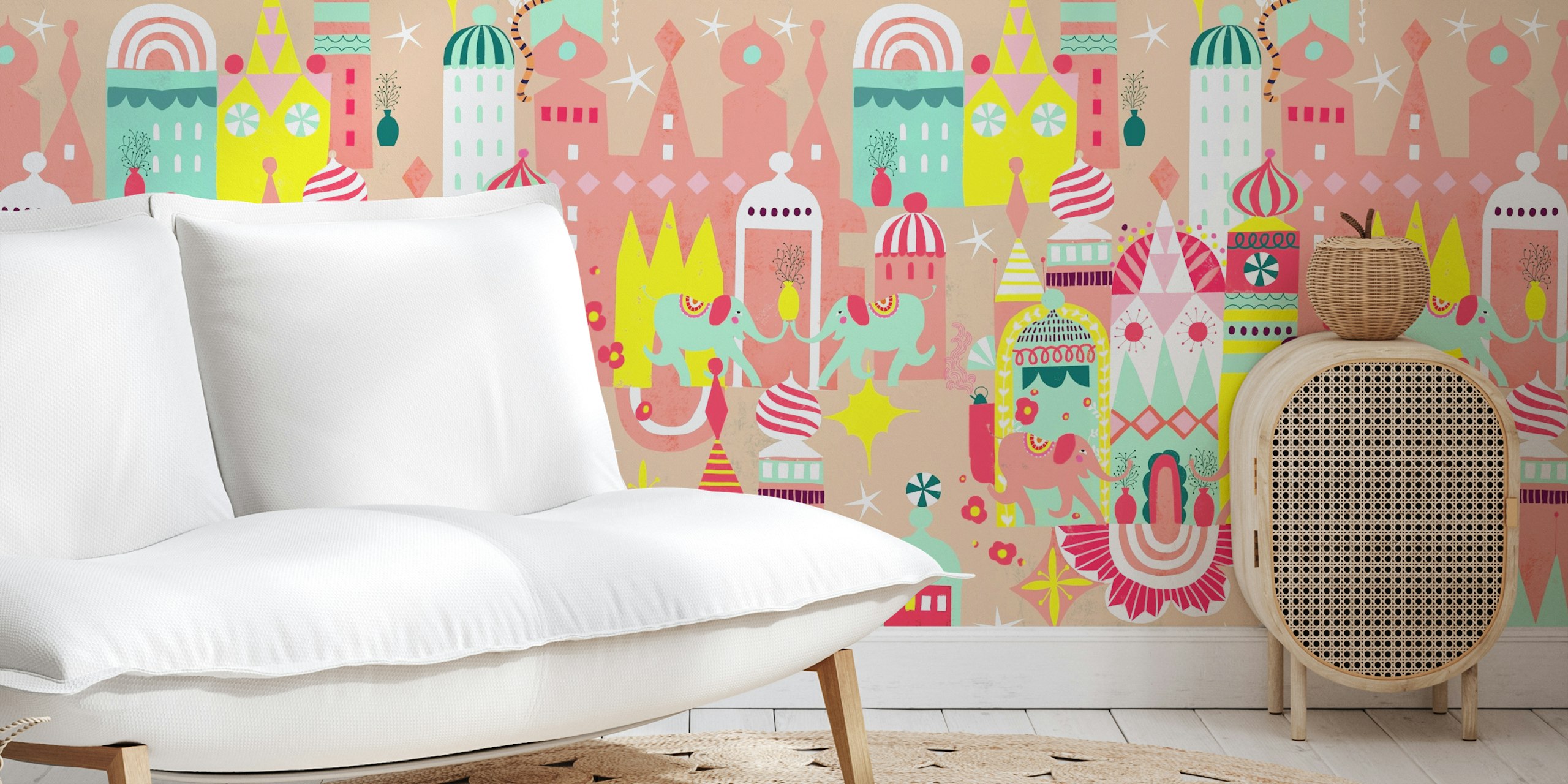 Colorful wonderland with whimsical castles and elephants wallpaper