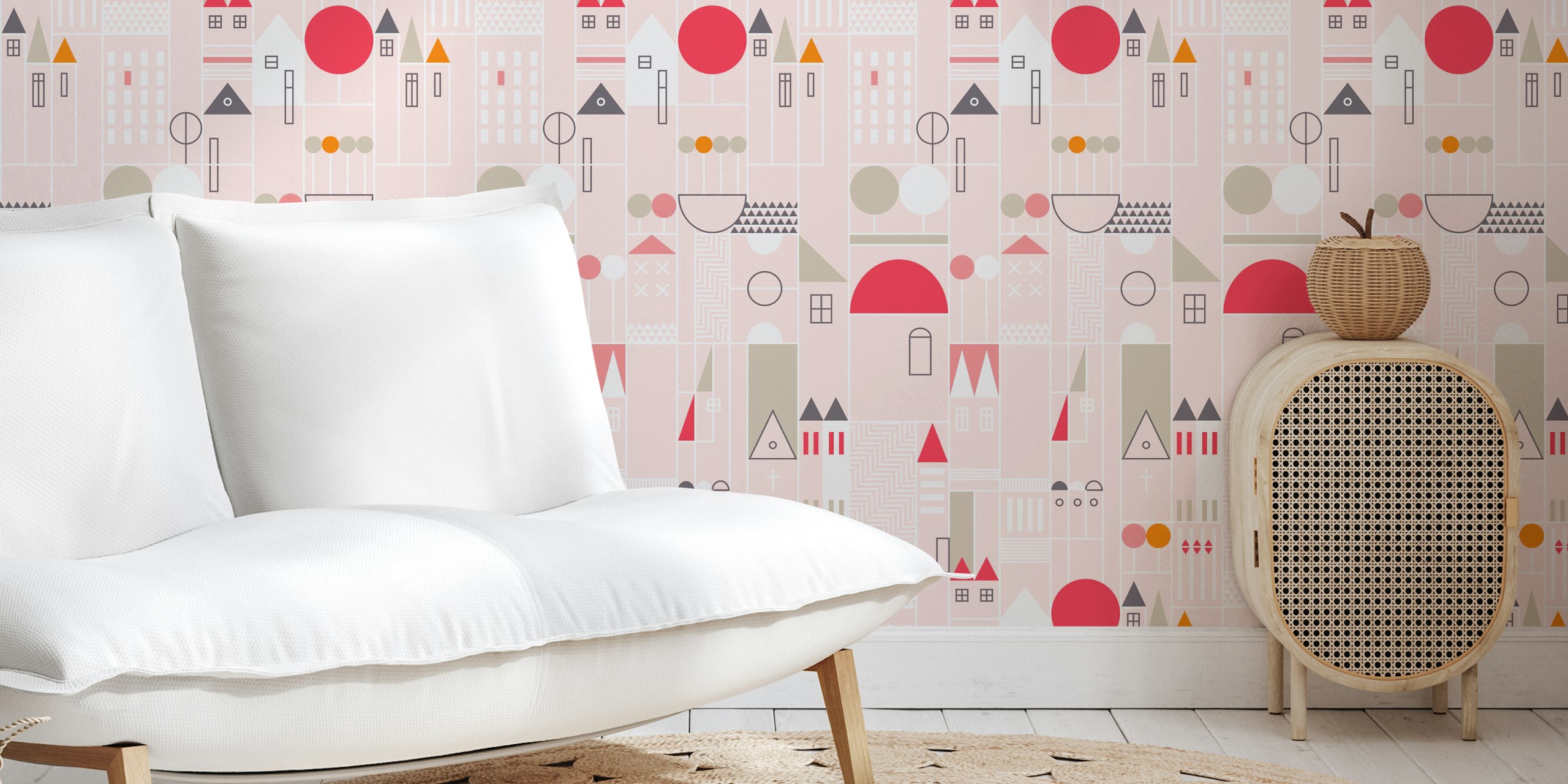Geometric shapes and city-like illustrations in pink, red, and gray wallpaper