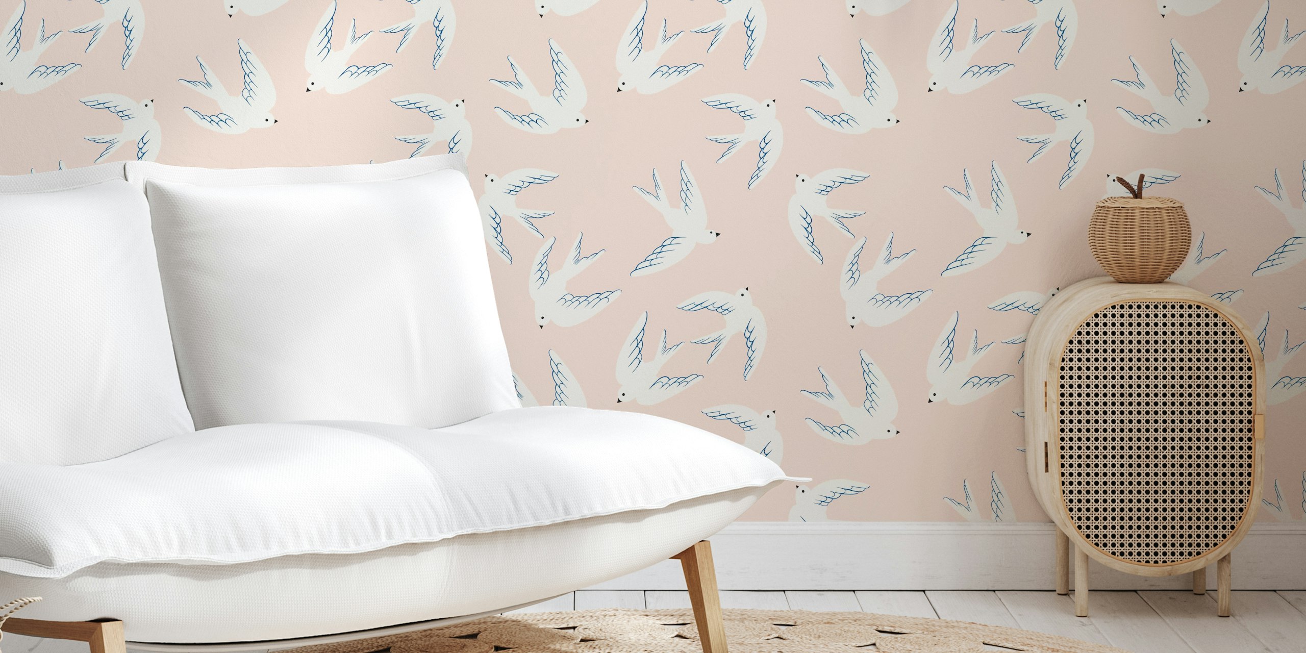 Flying Birds White Doves on Light Pink