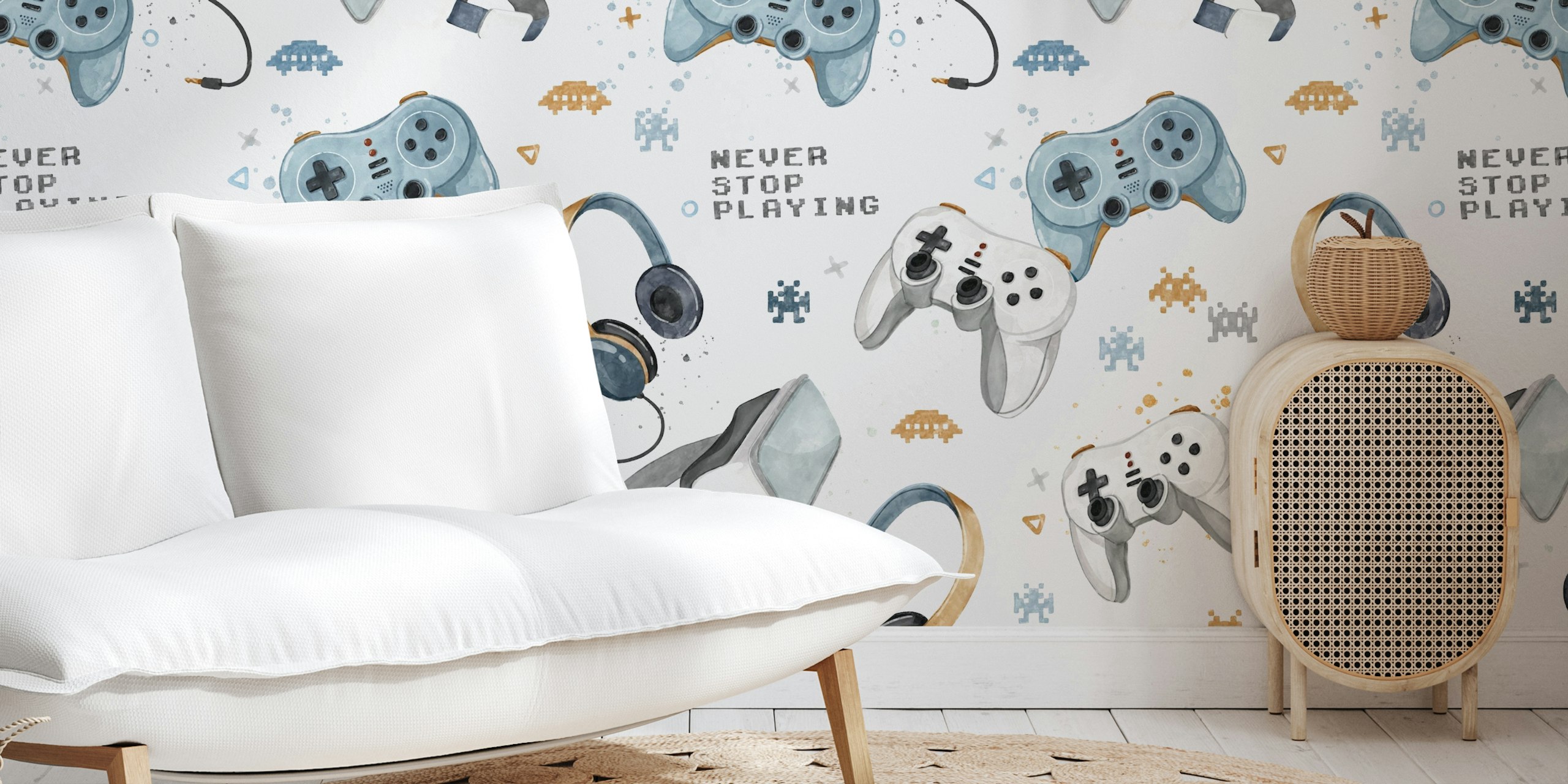 Game On tapet med spillkontrollere og hodetelefoner