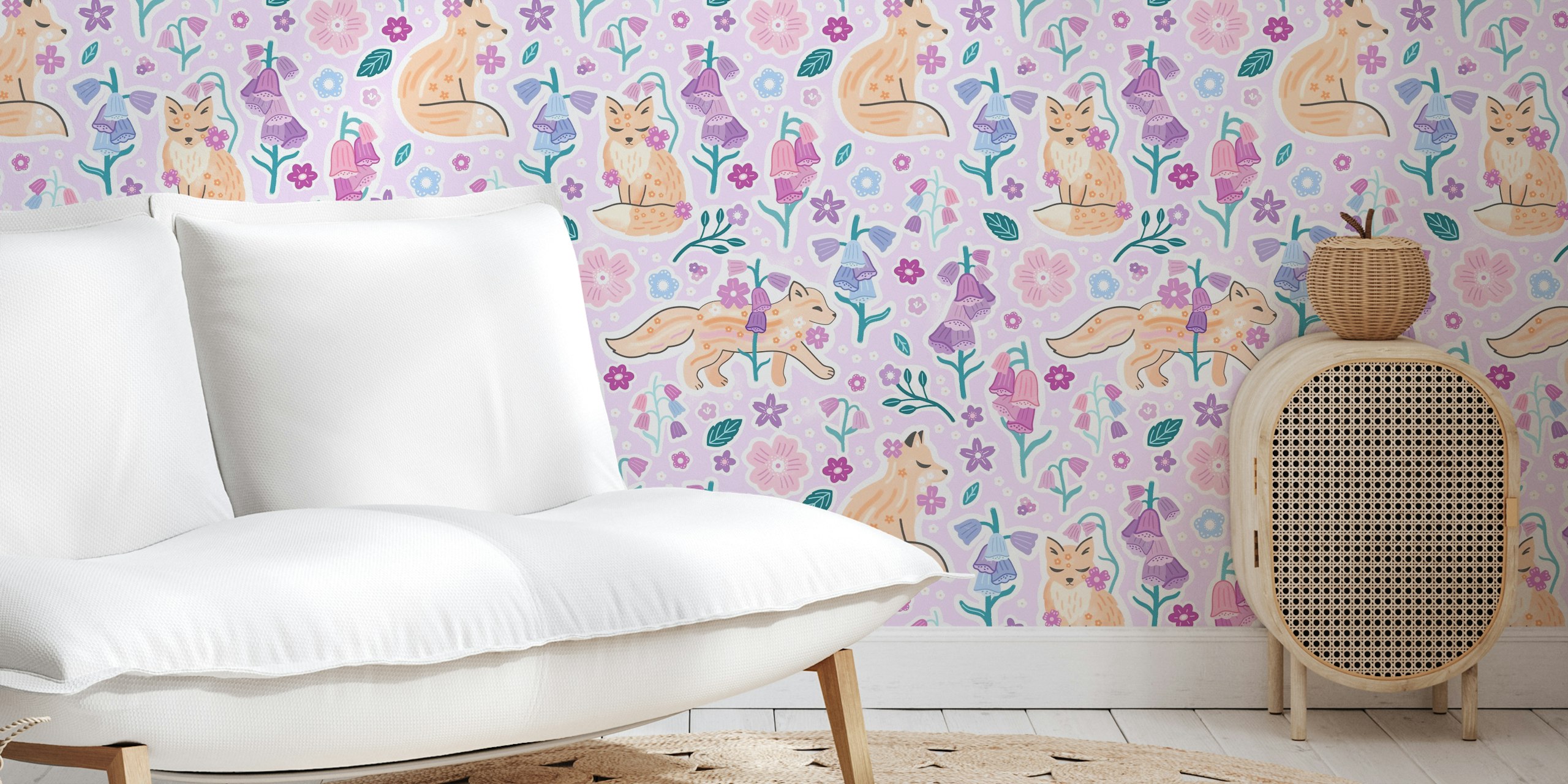 Floral foxes and bellflowers in pastel colors wallpaper