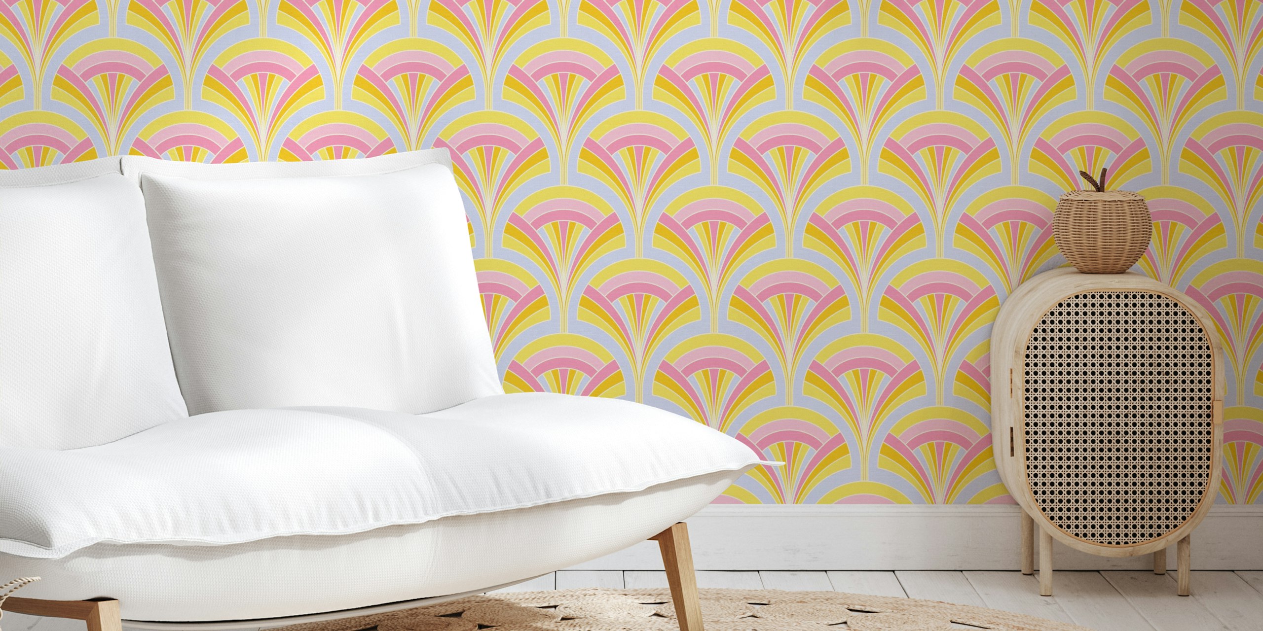 Pastel Retro Palm Tapete in einem Raum