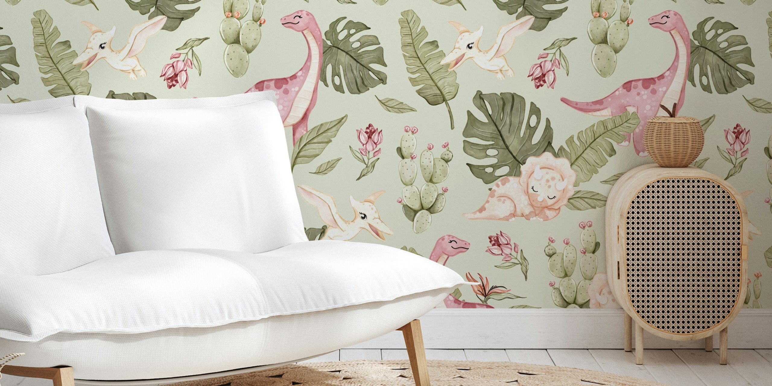 Cute dinosaurs and plants in soft green wallpaper
