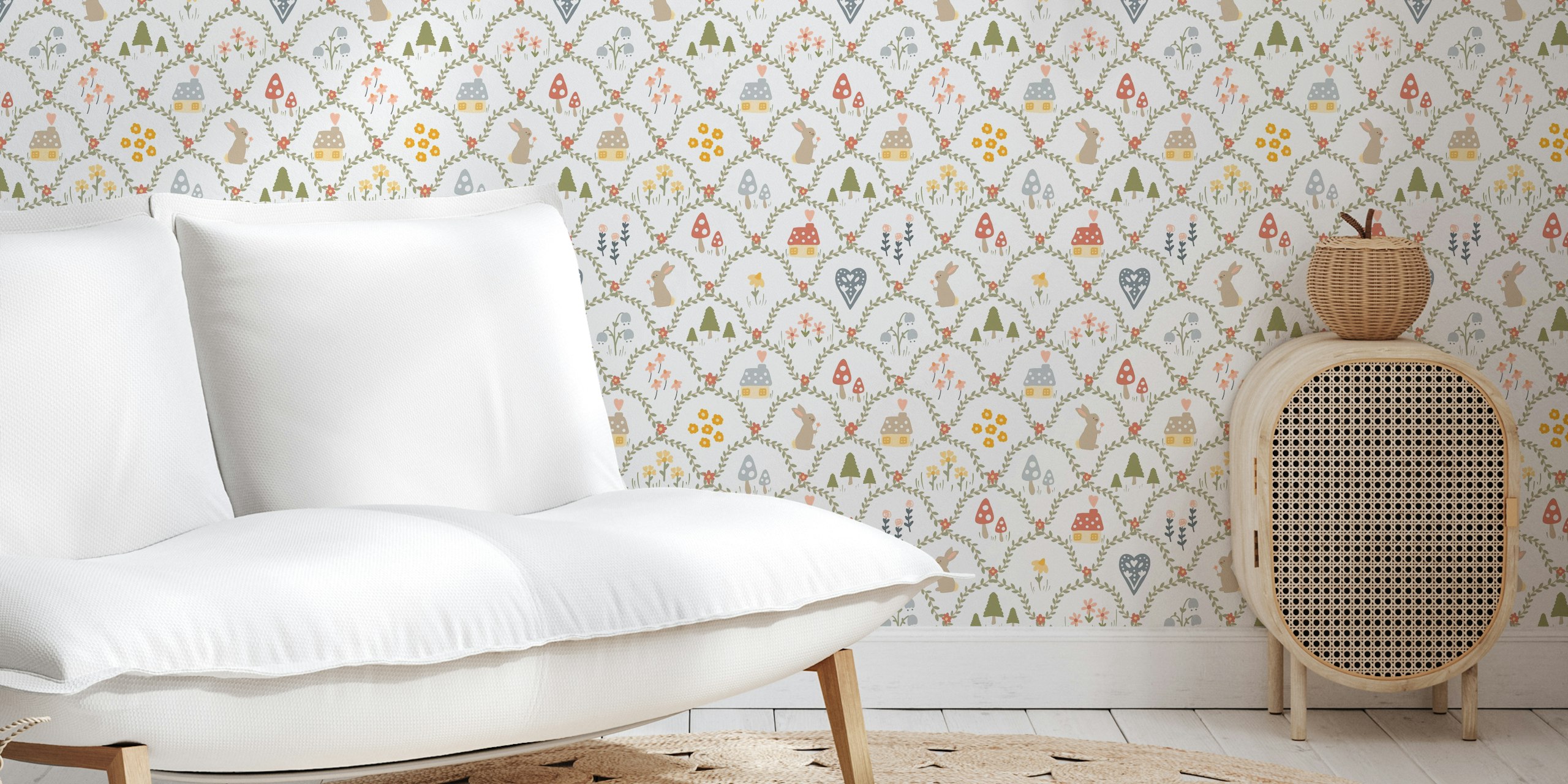 Whimsical floral pattern with rabbits, flowers, and houses wallpaper