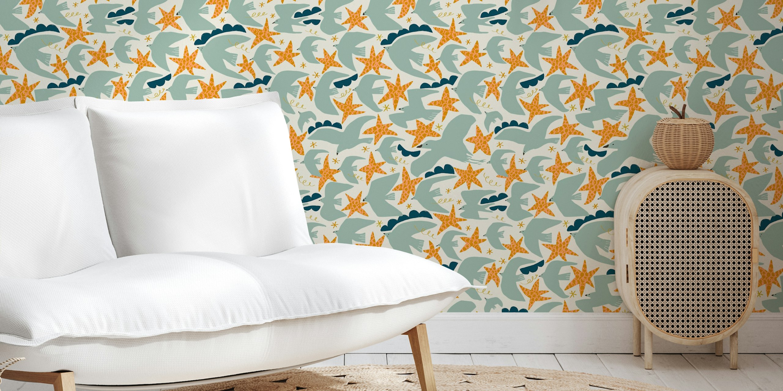 Mod birds neutral grey papel de parede em um quarto