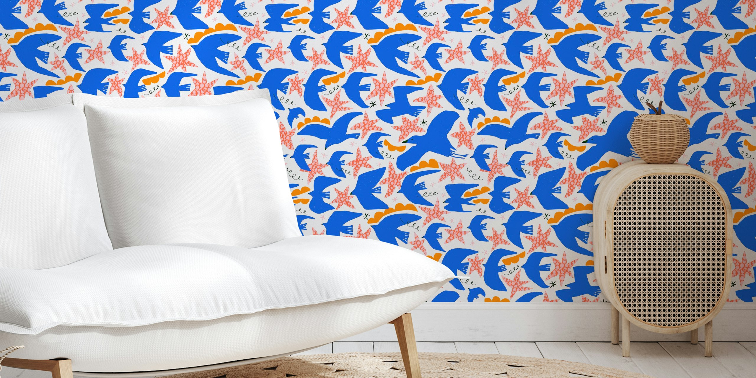 Colorful birds with orange accents on white background wallpaper