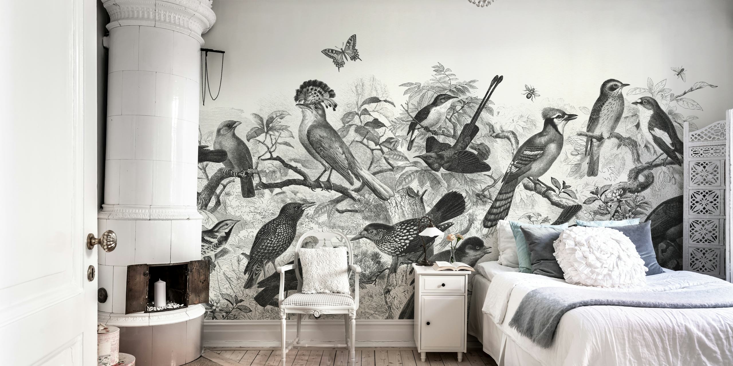 Forest birds black and white wallpaper design