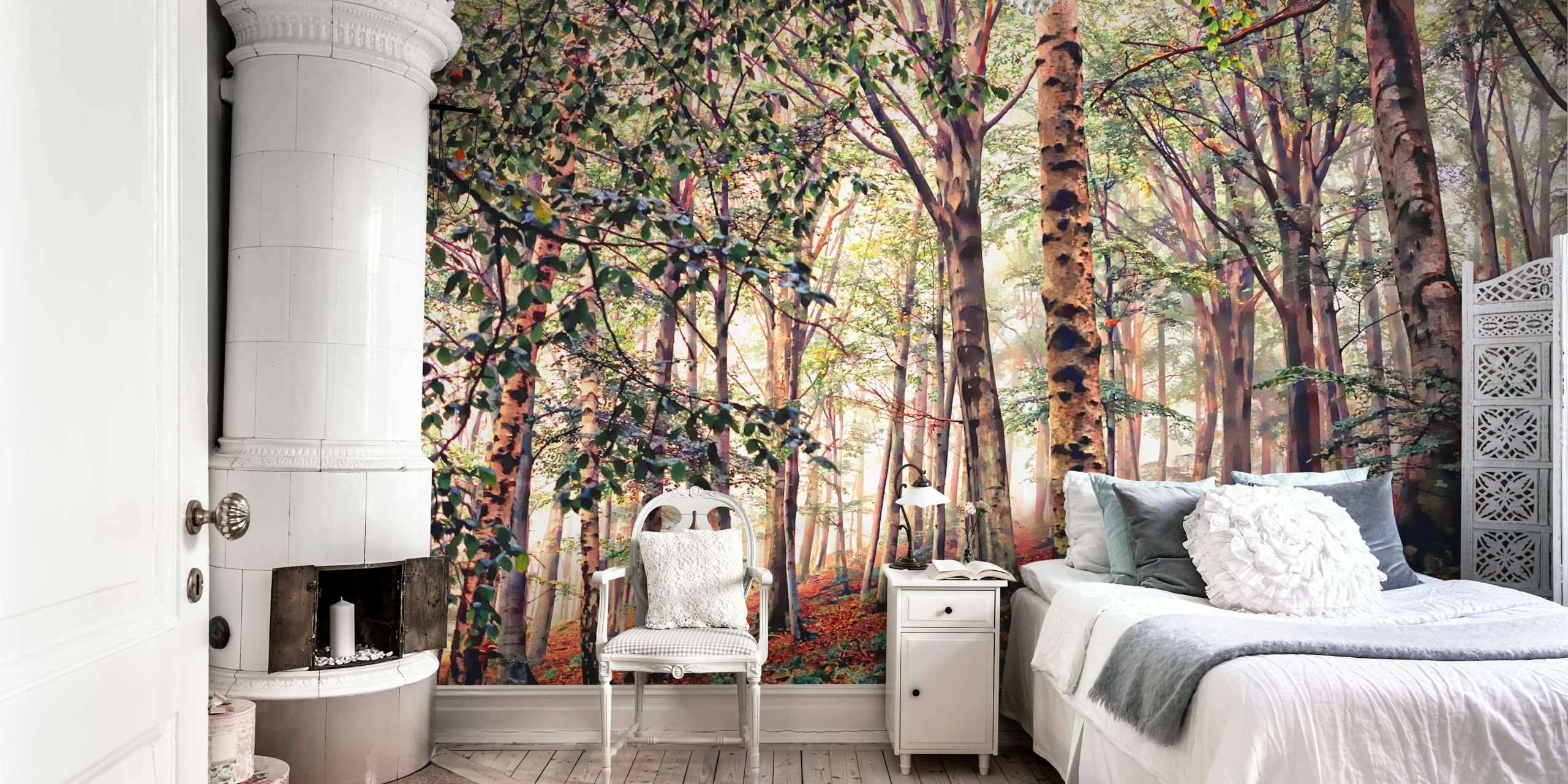 Birch trees in a lush green forest with autumn leaves wallpaper