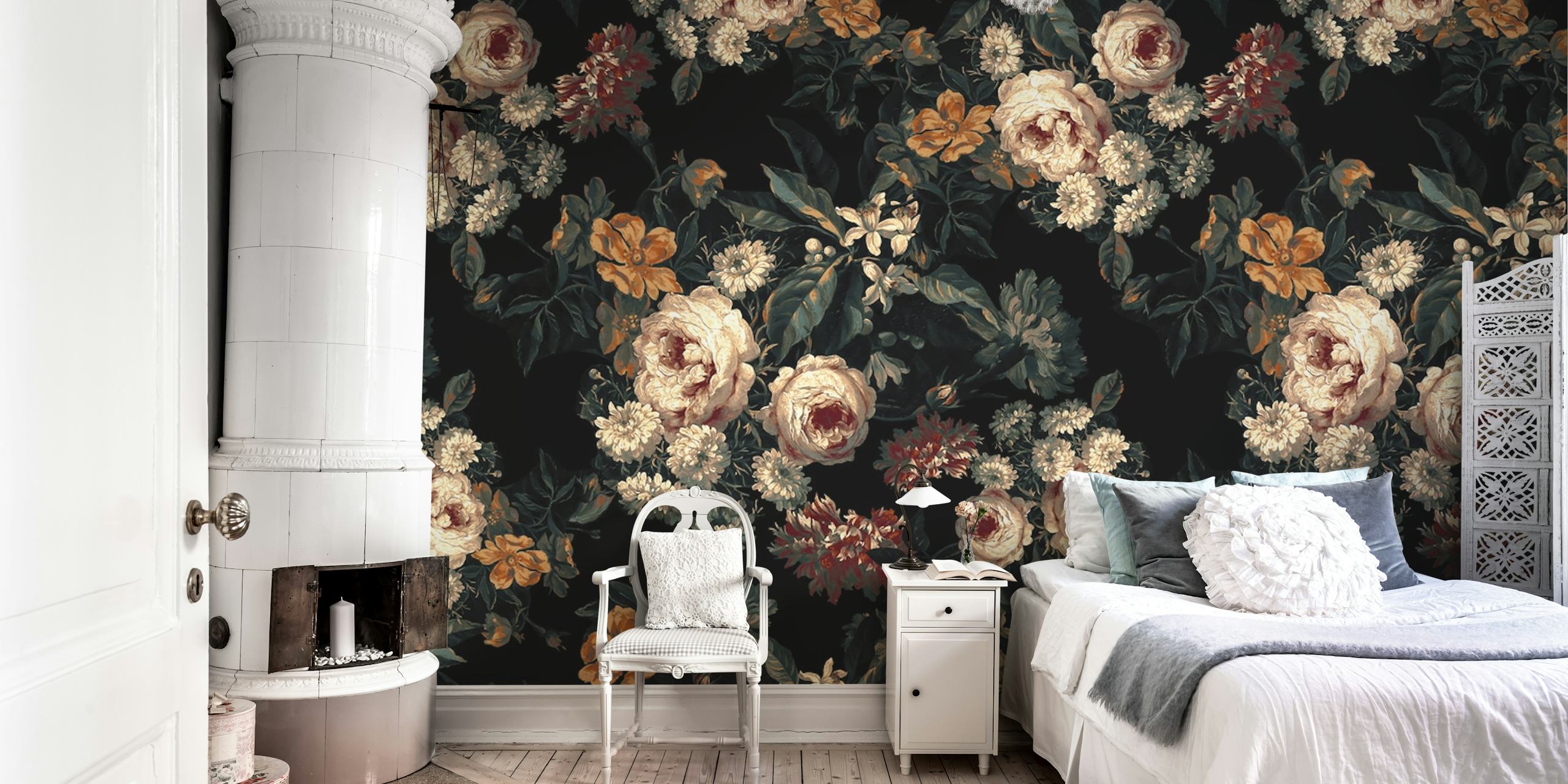 Dark floral wallpaper with roses and flowers in muted colors