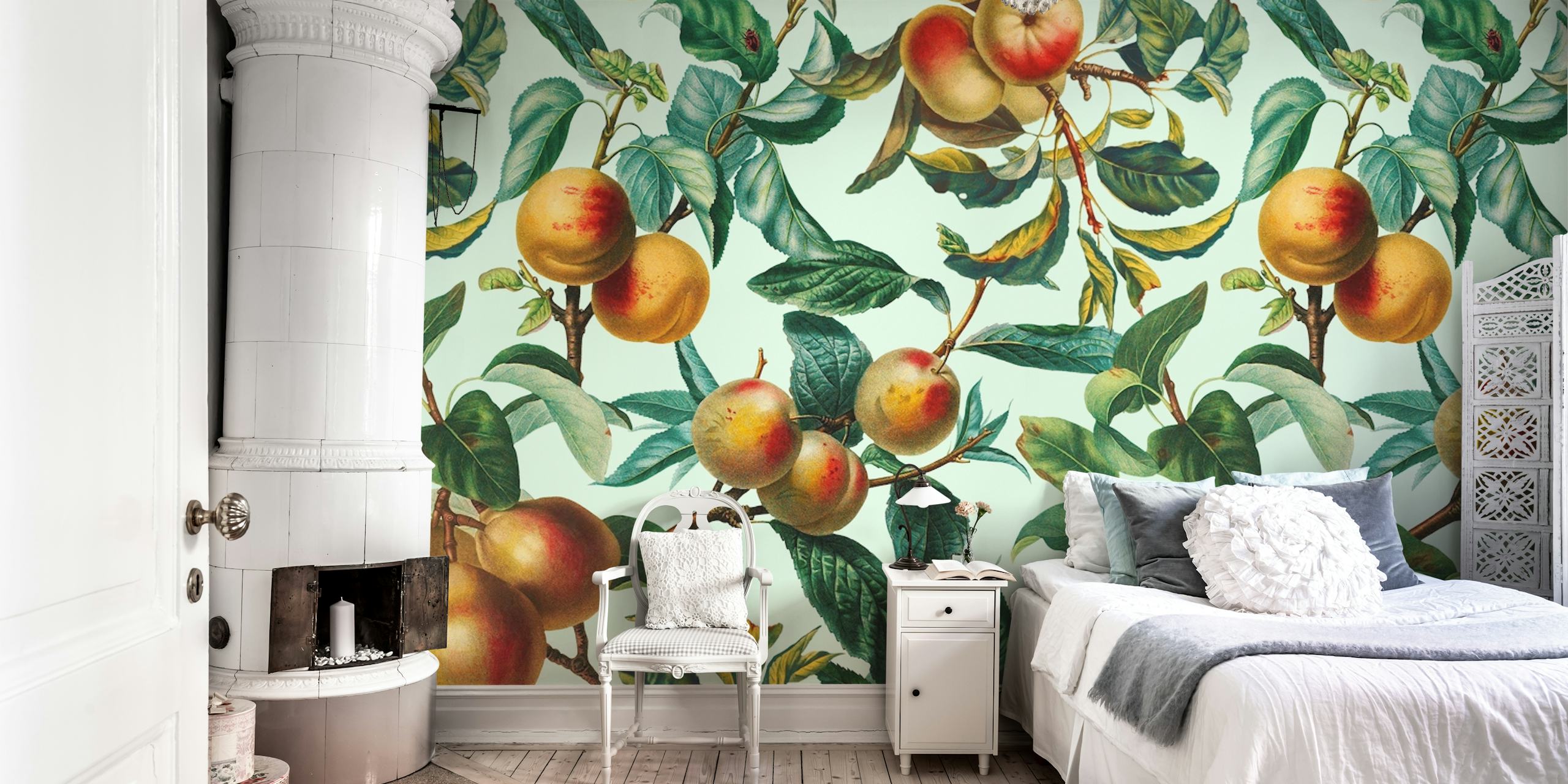 Classic vintage fruit and foliage pattern wall mural for interior decor.