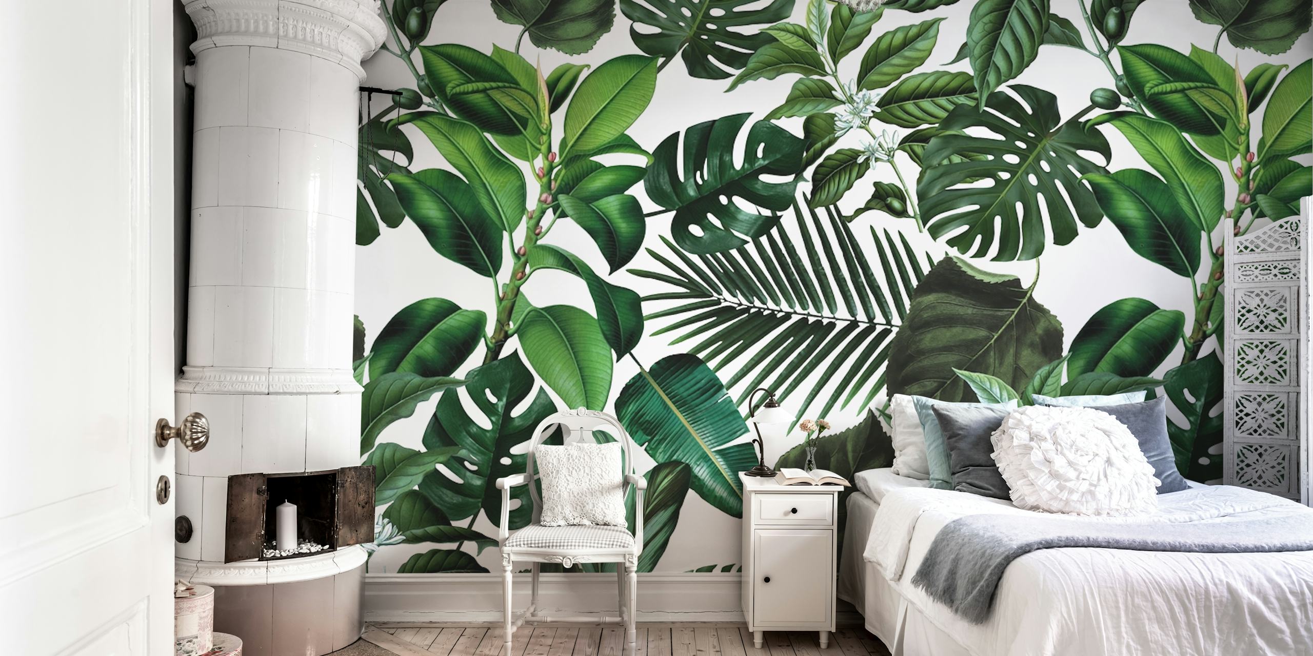 Tropical leaves wall mural with monstera and fern patterns