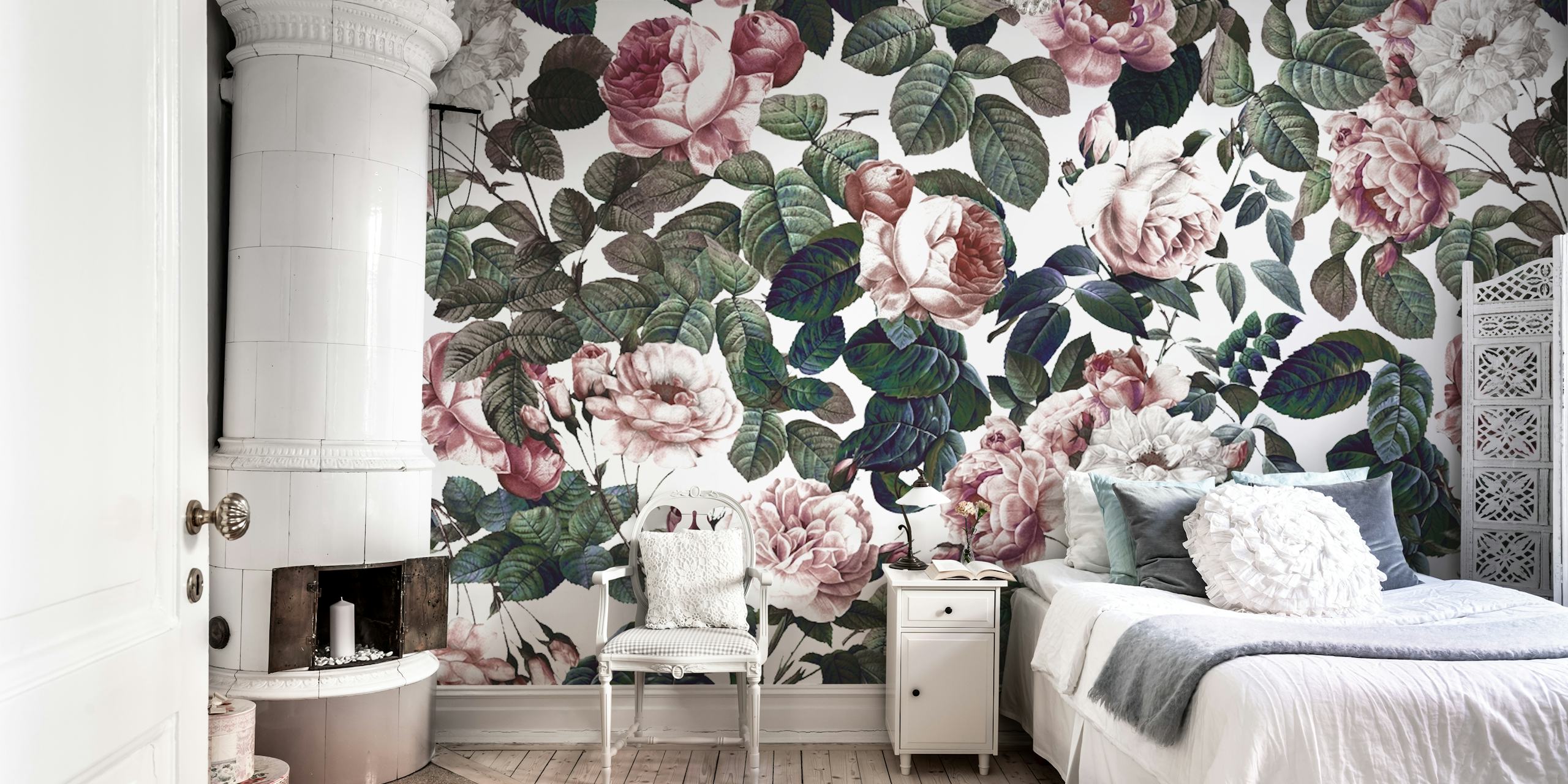 Vintage floral wallpaper with pink roses and green leaves