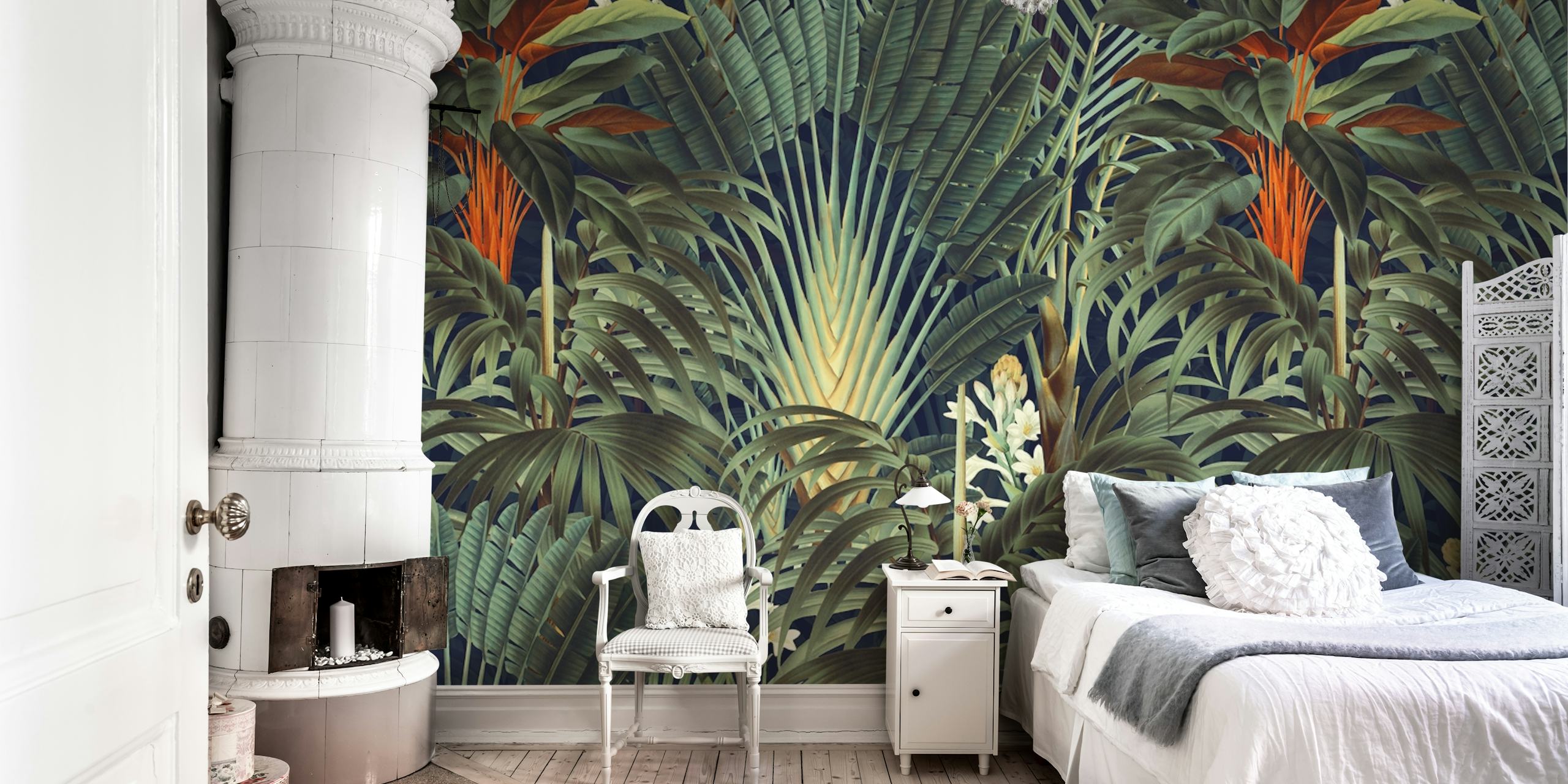 Tropical leaf wallpaper with green palm leaves and white flowers on a dark background