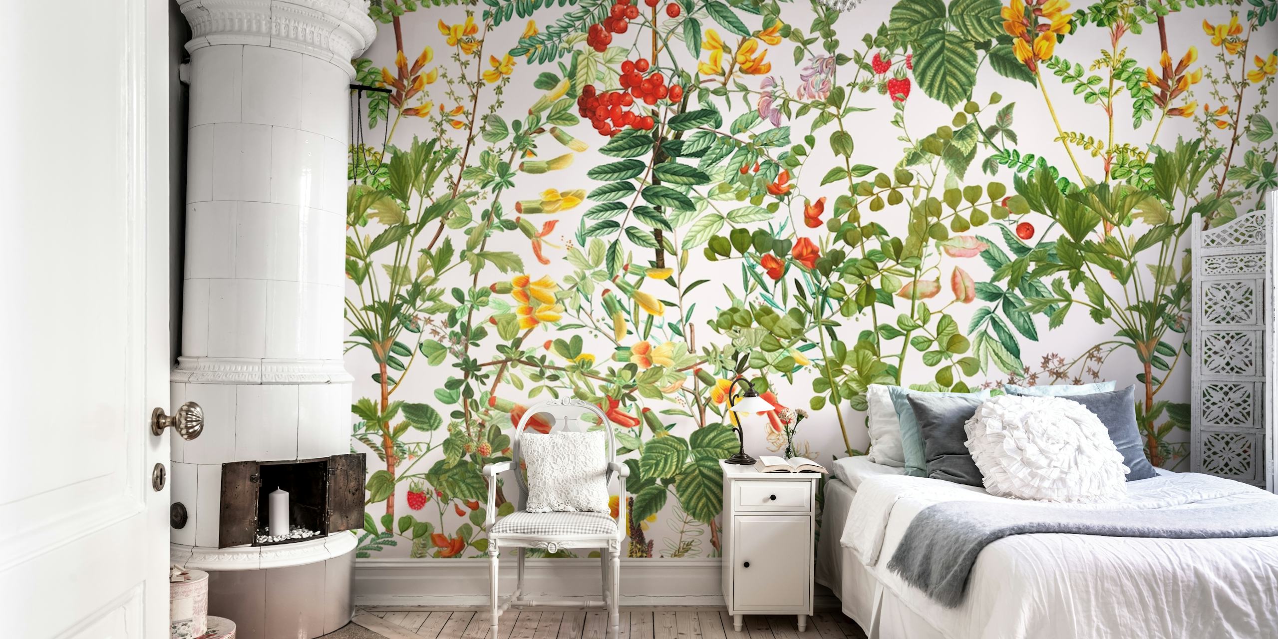 Lush summer meadow-inspired wall mural with a variety of flowers and greenery