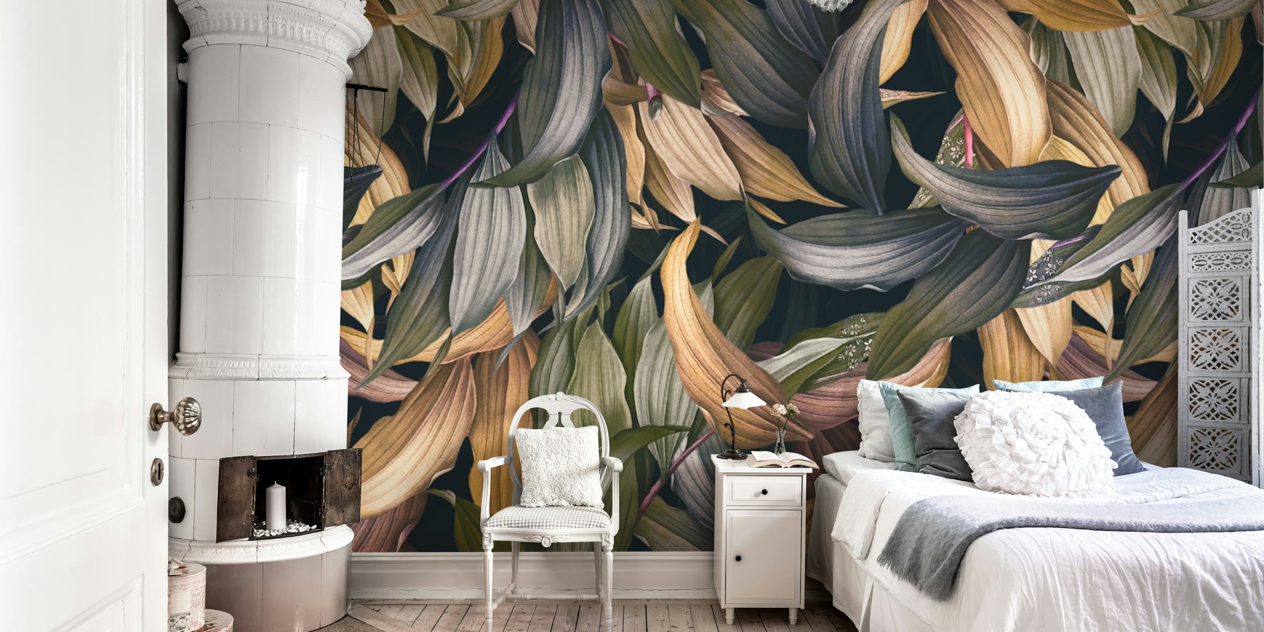 Tropical leaf wallpaper with muted green, brown, and cream leaves on a dark background