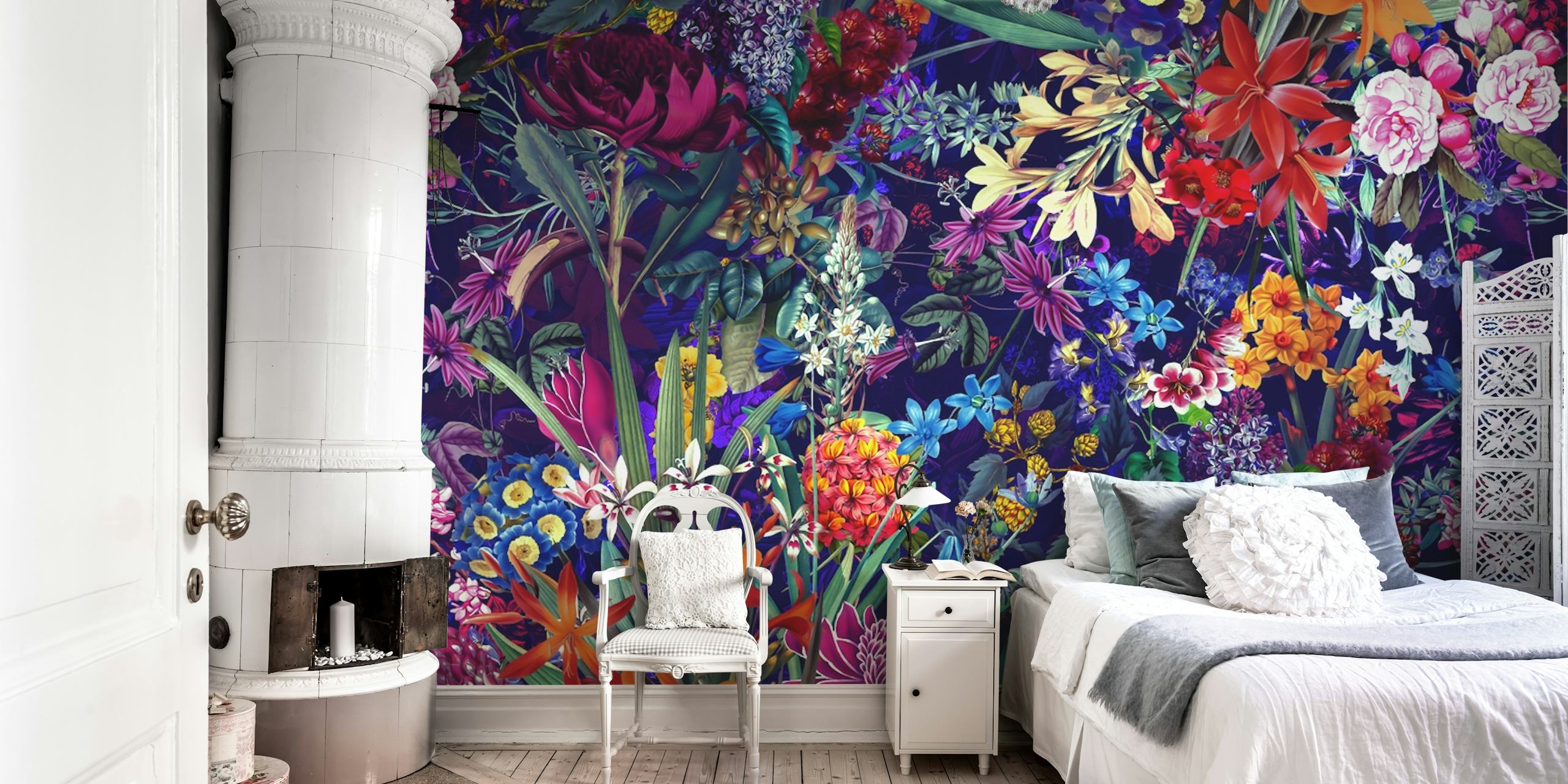 Bright colorful floral patterns on dark background wallpaper