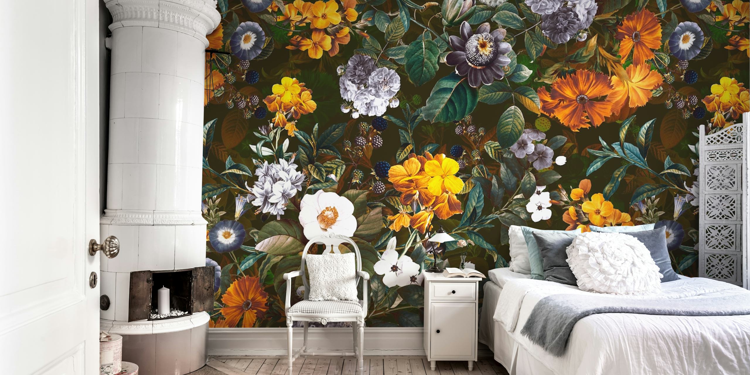 Colorful floral patterns on a dark background wallpaper