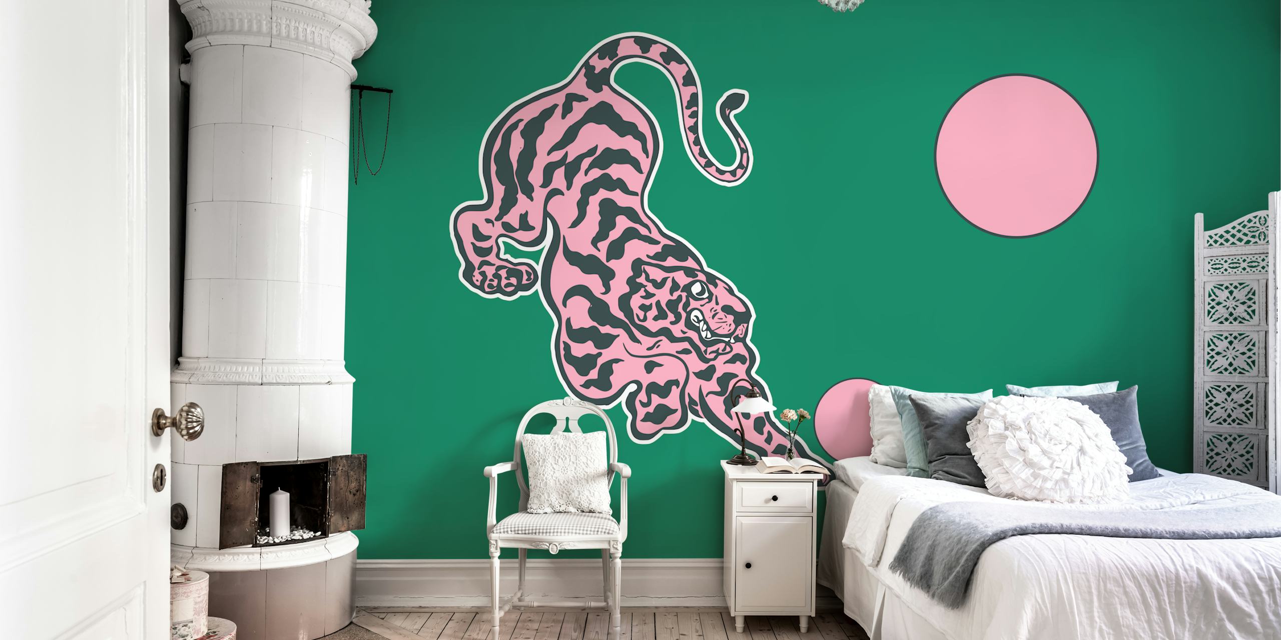Pink tiger illustration with two pink circles on green background wallpaper
