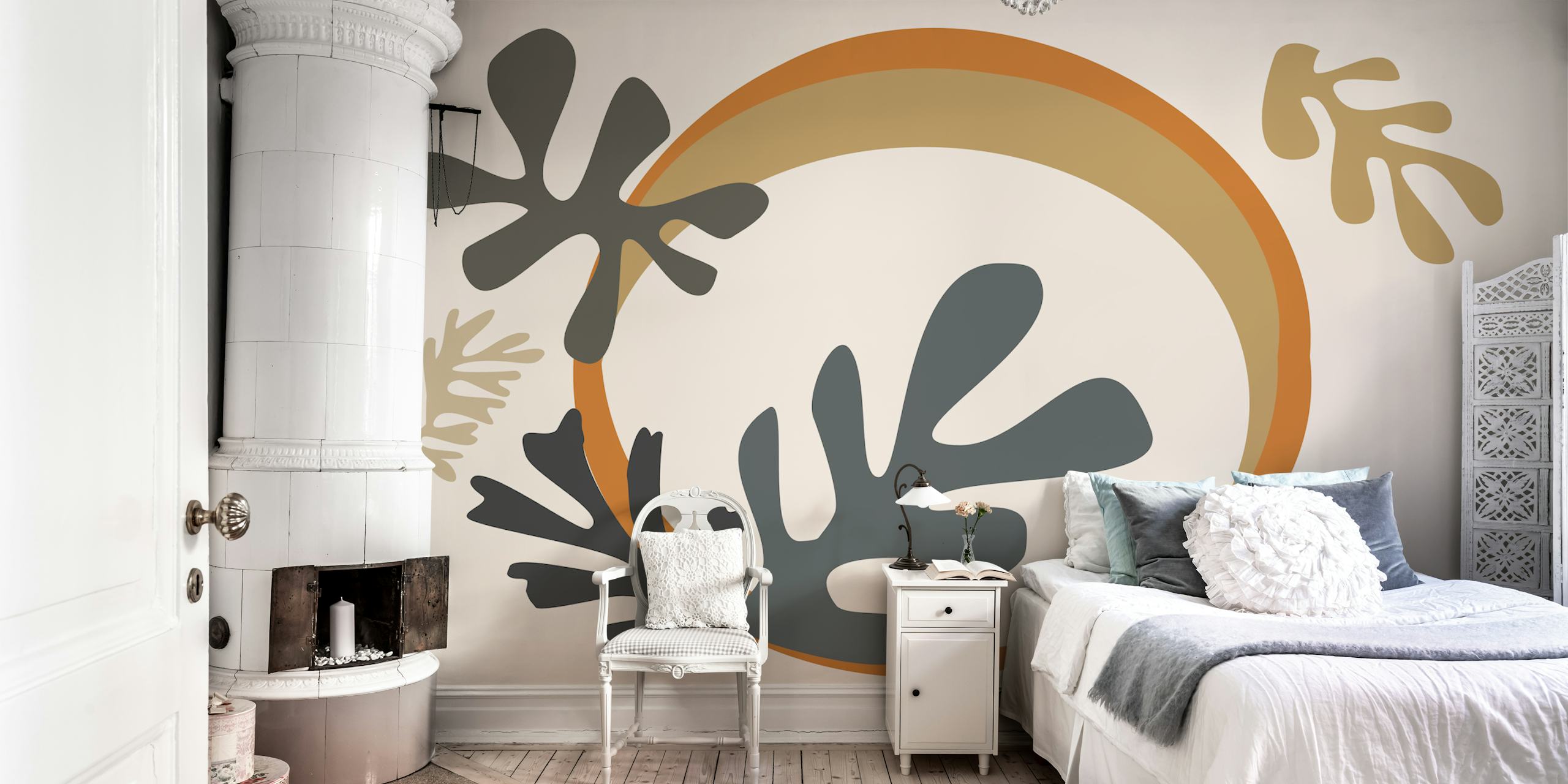 Abstrakt Matisse-inspireret bladvægmaleri med et moderne og minimalistisk design med jordfarver