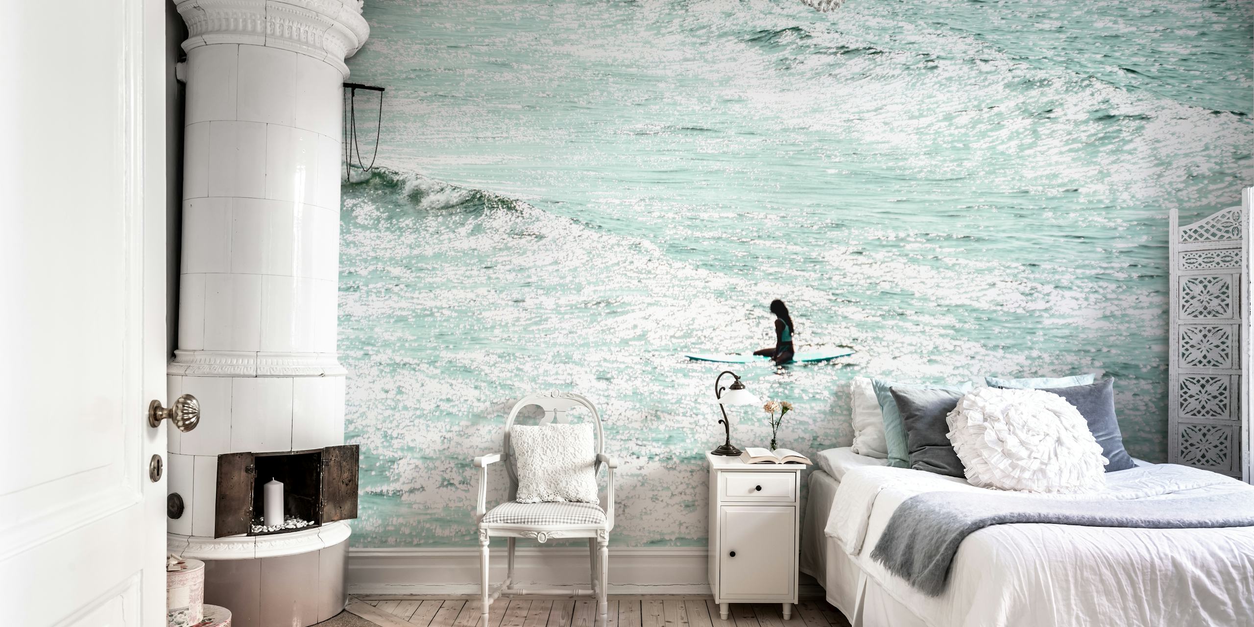 Wall mural of a lone surfer amidst vast ocean waves in Seaside 37.
