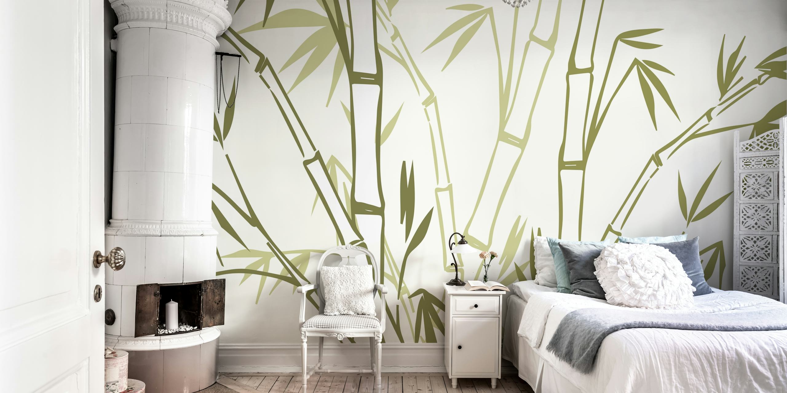 Green bamboo branches on a cream background wallpaper