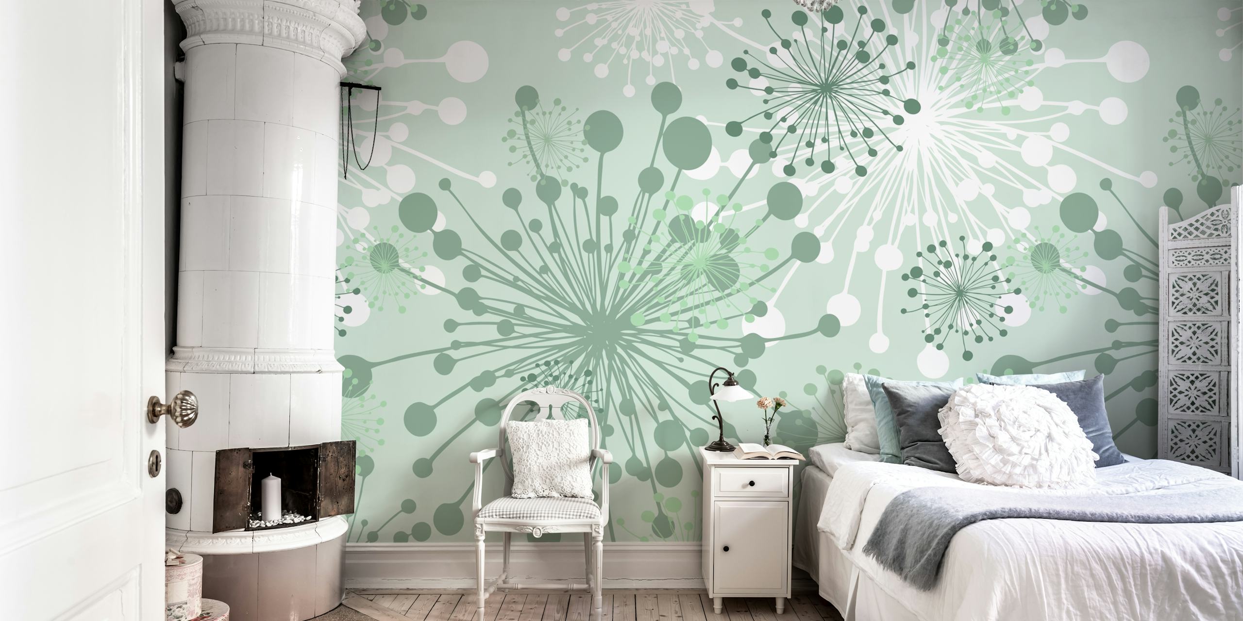 Dandelions mint sage green diseño de papel tapiz