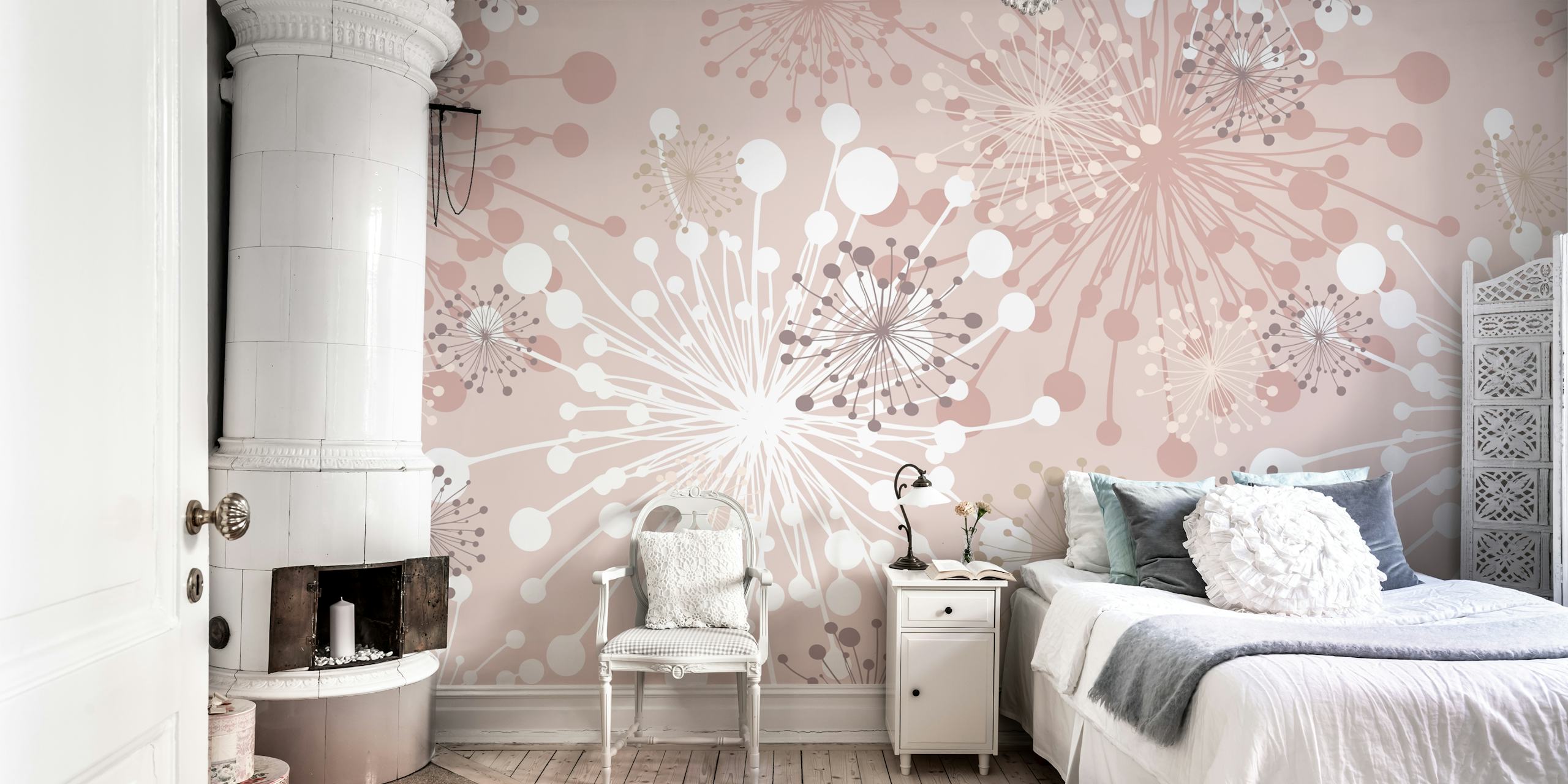 Sofistikovaný ručně kreslený dandelion mauve na pozadí blush pink