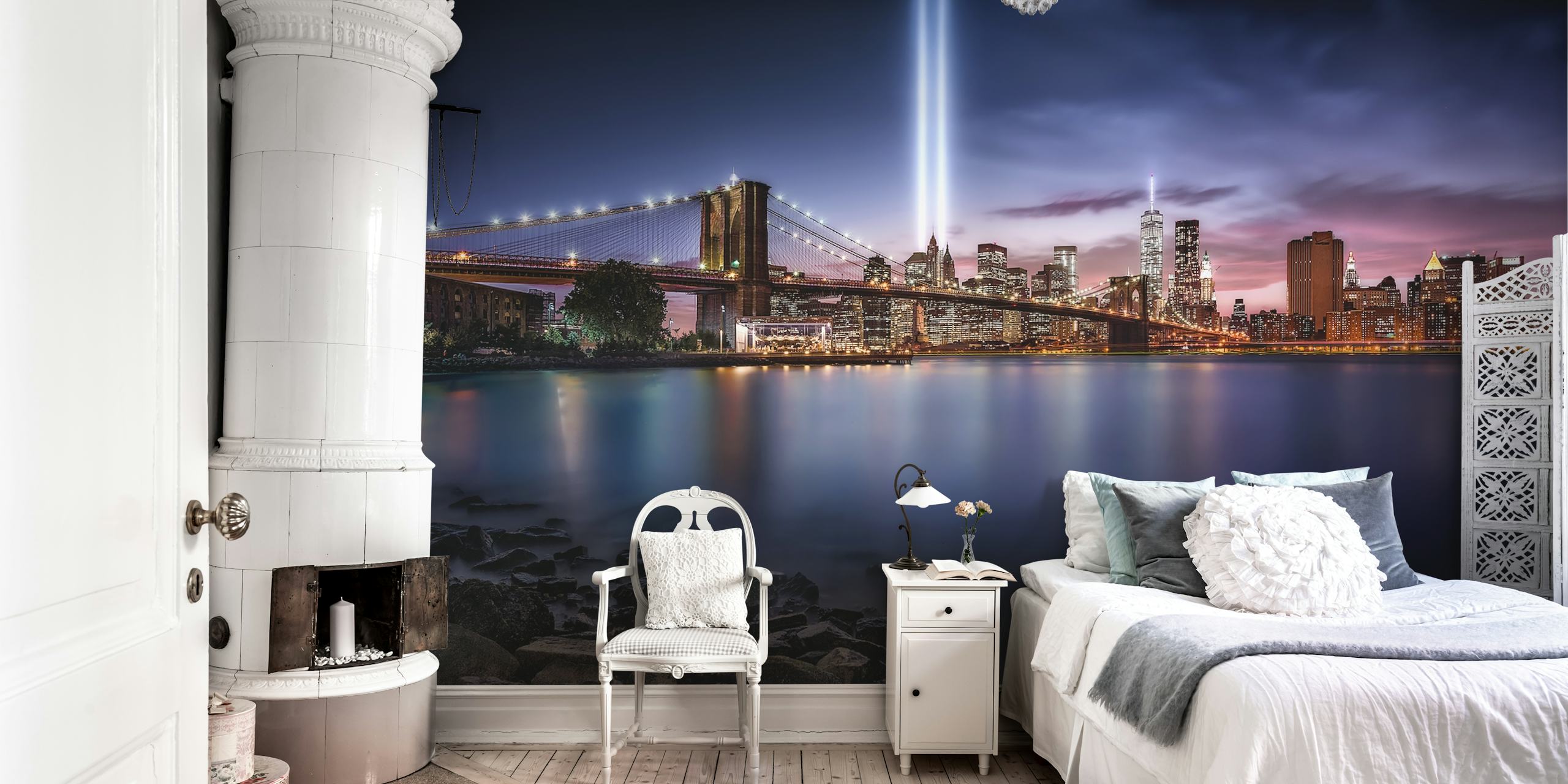 Brooklyn Bridge cityscape night view with blue tones wallpaper