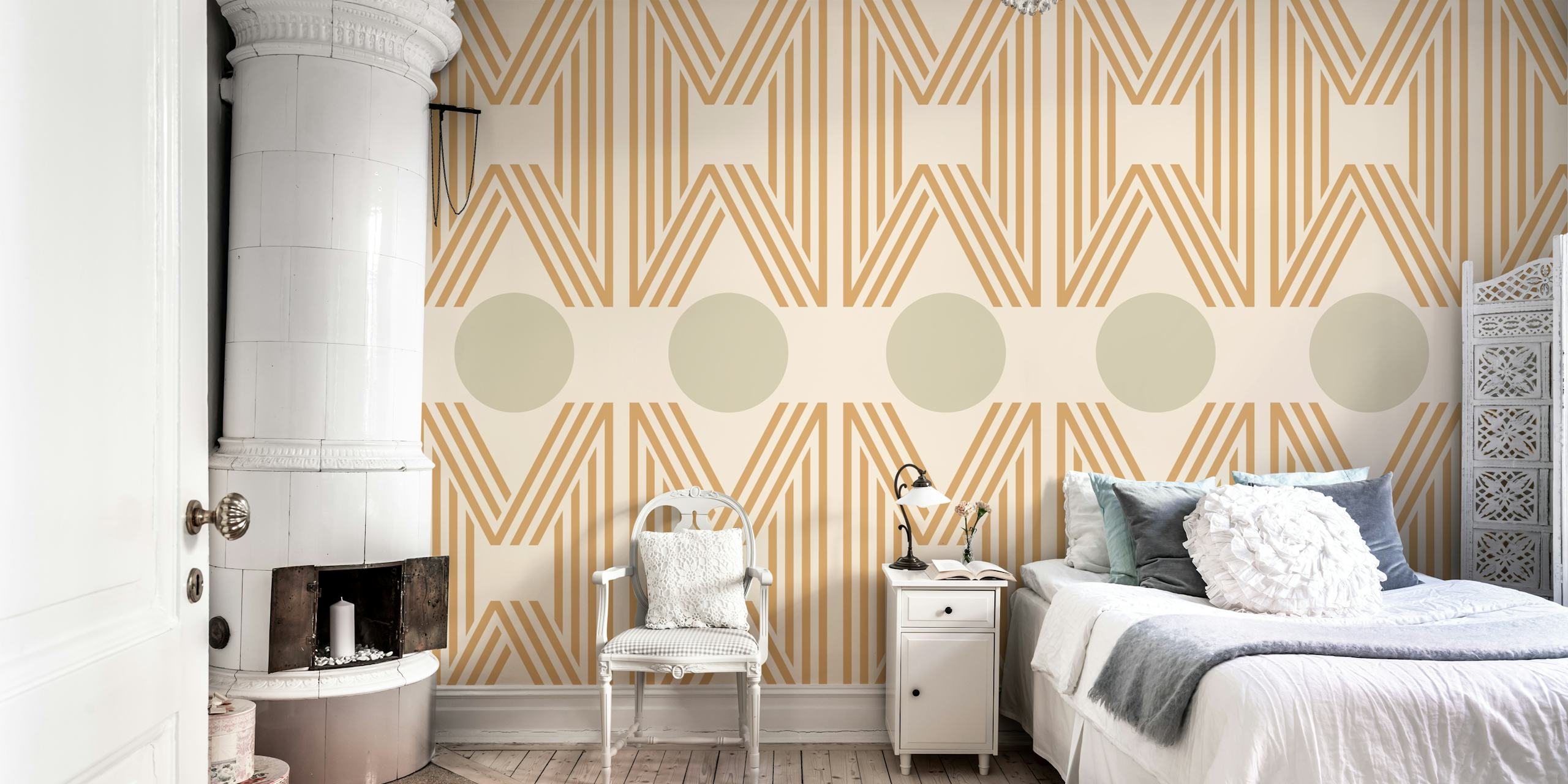 Elegant Japanese minimalist geometric wall mural design in soft neutral tones