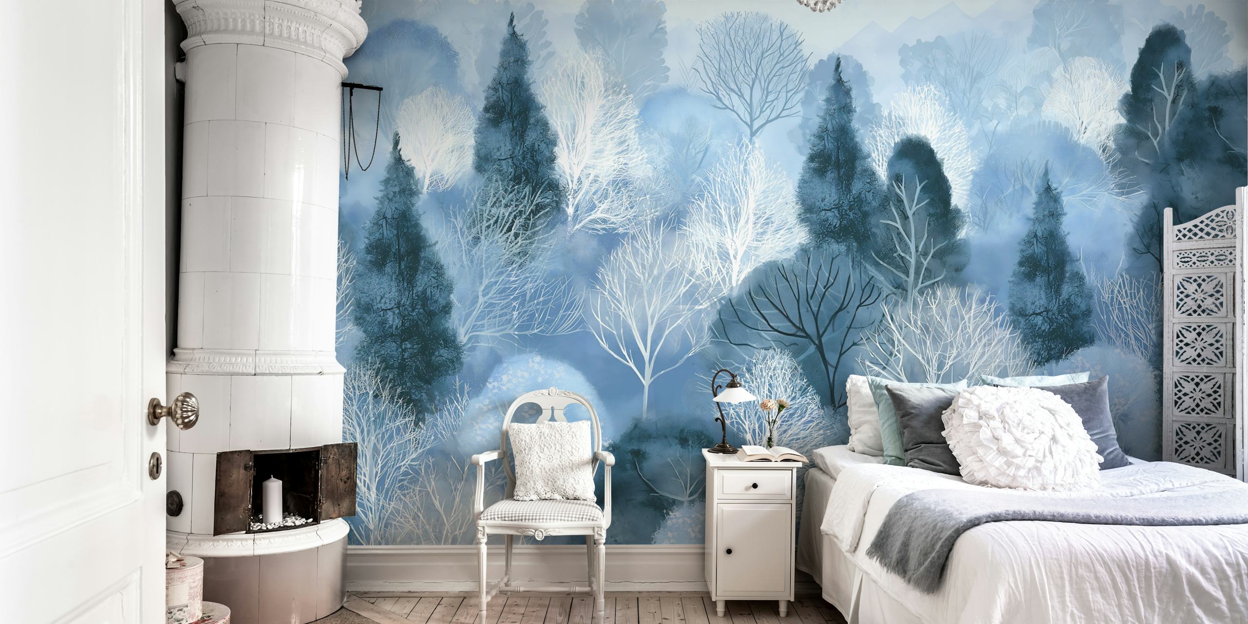 Ταπετσαρία Winter Blue Forest Serenity σε ένα δωμάτιο