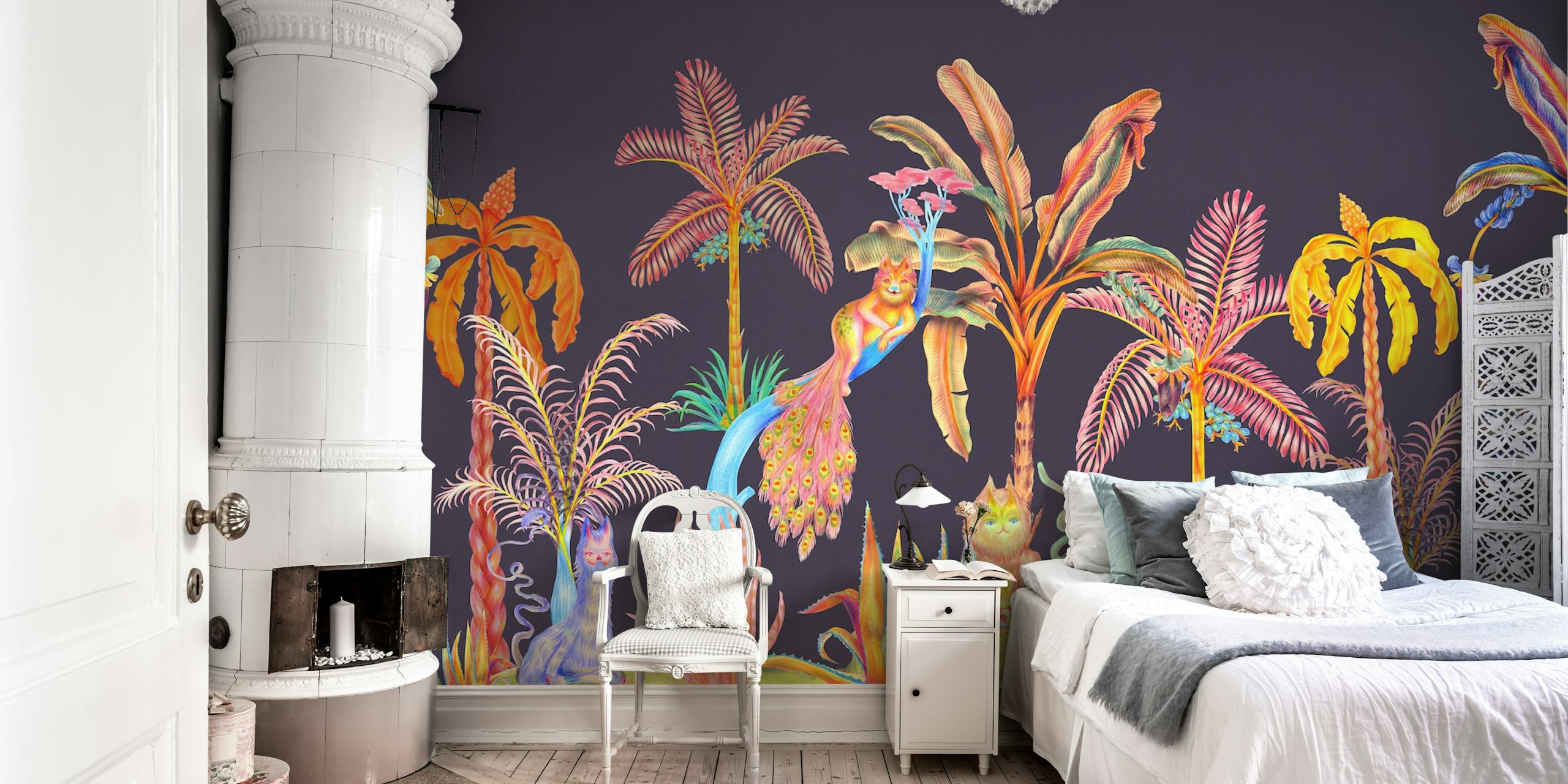 Tapeta Colorful Jungle Cats w pokoju