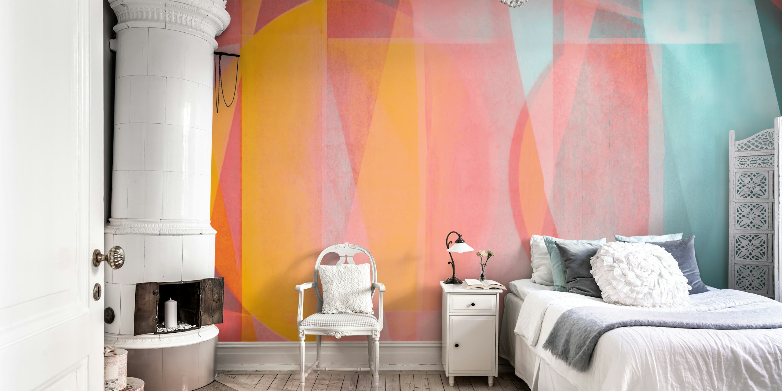 Colorful geometric abstract patterns in shades of orange, pink, and teal wallpaper