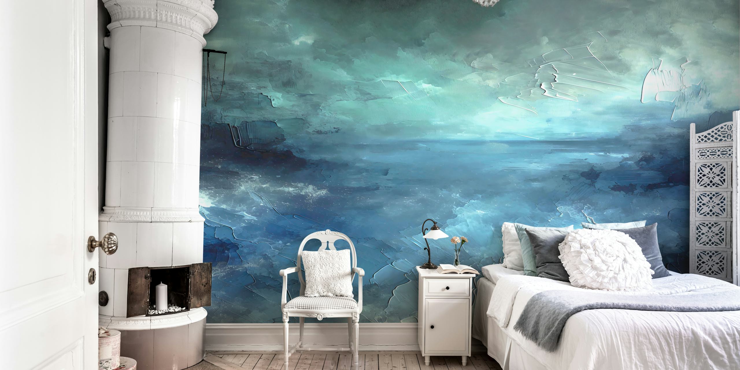 Abstract ocean waves in blue and turquoise tones wallpaper