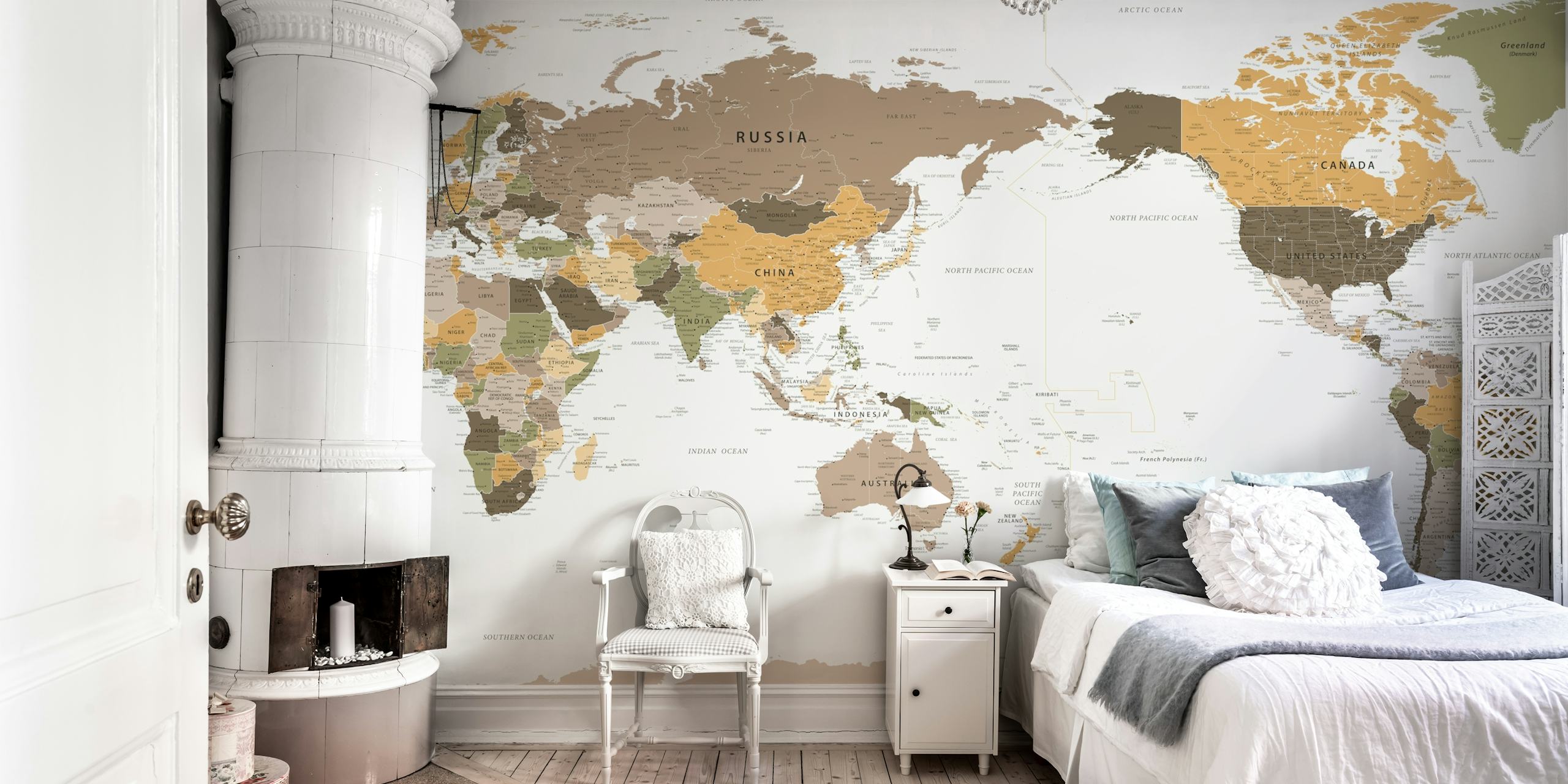 Papel de parede Pacific Centered Travel Map no quarto