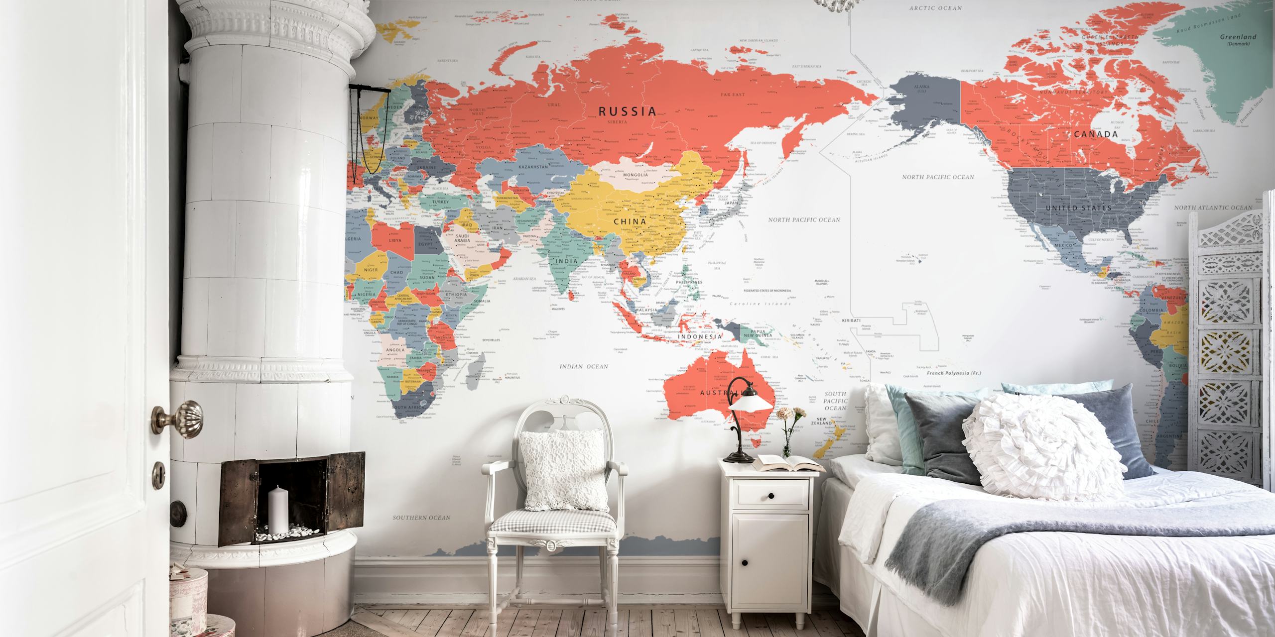 Papier peint Pacific Centred World Map affiché dans une pièce