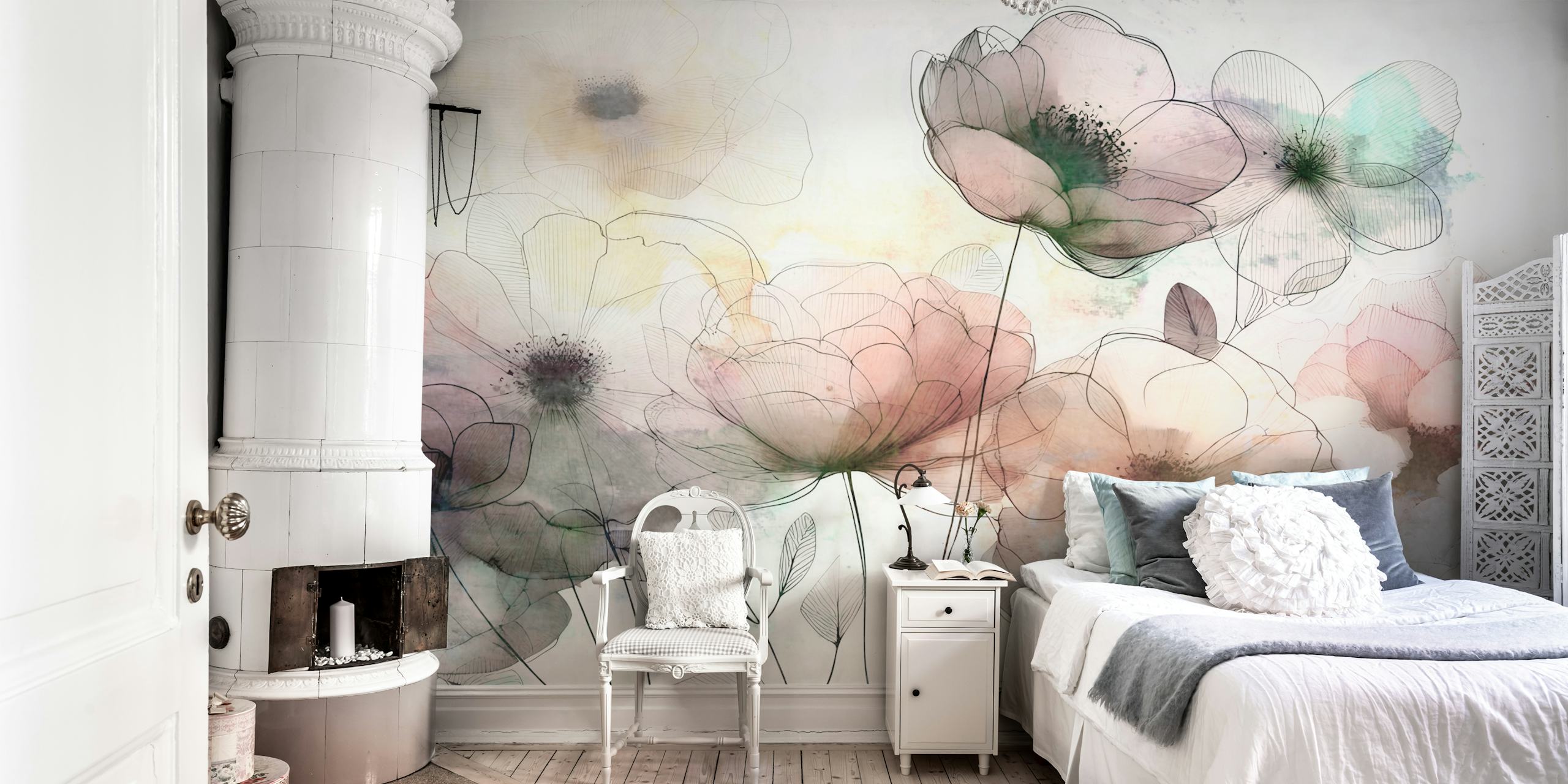 Translucent Blossom Sketch tapet i ett rum
