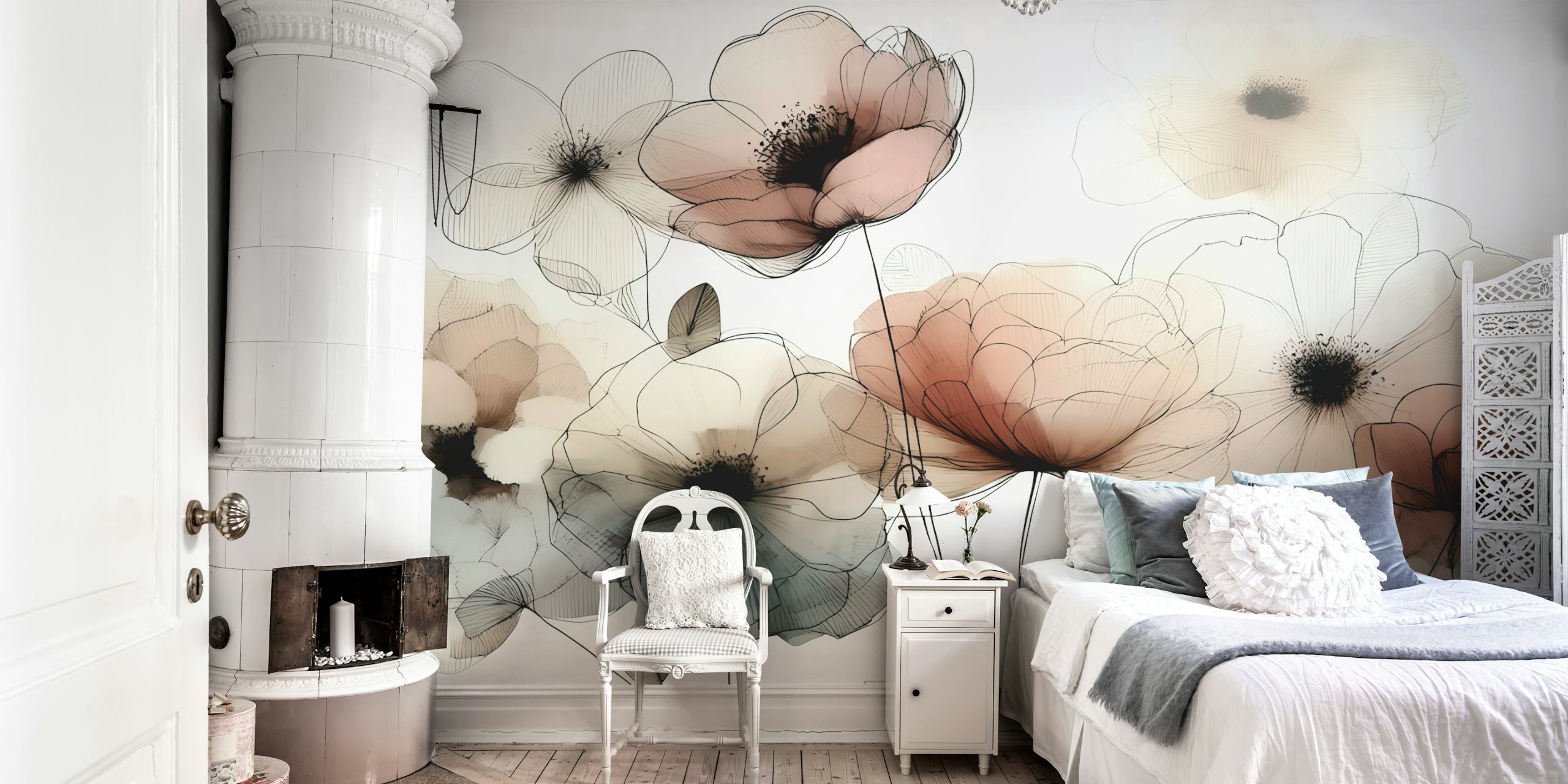 Delicate line-drawn pastel floral wallpaper