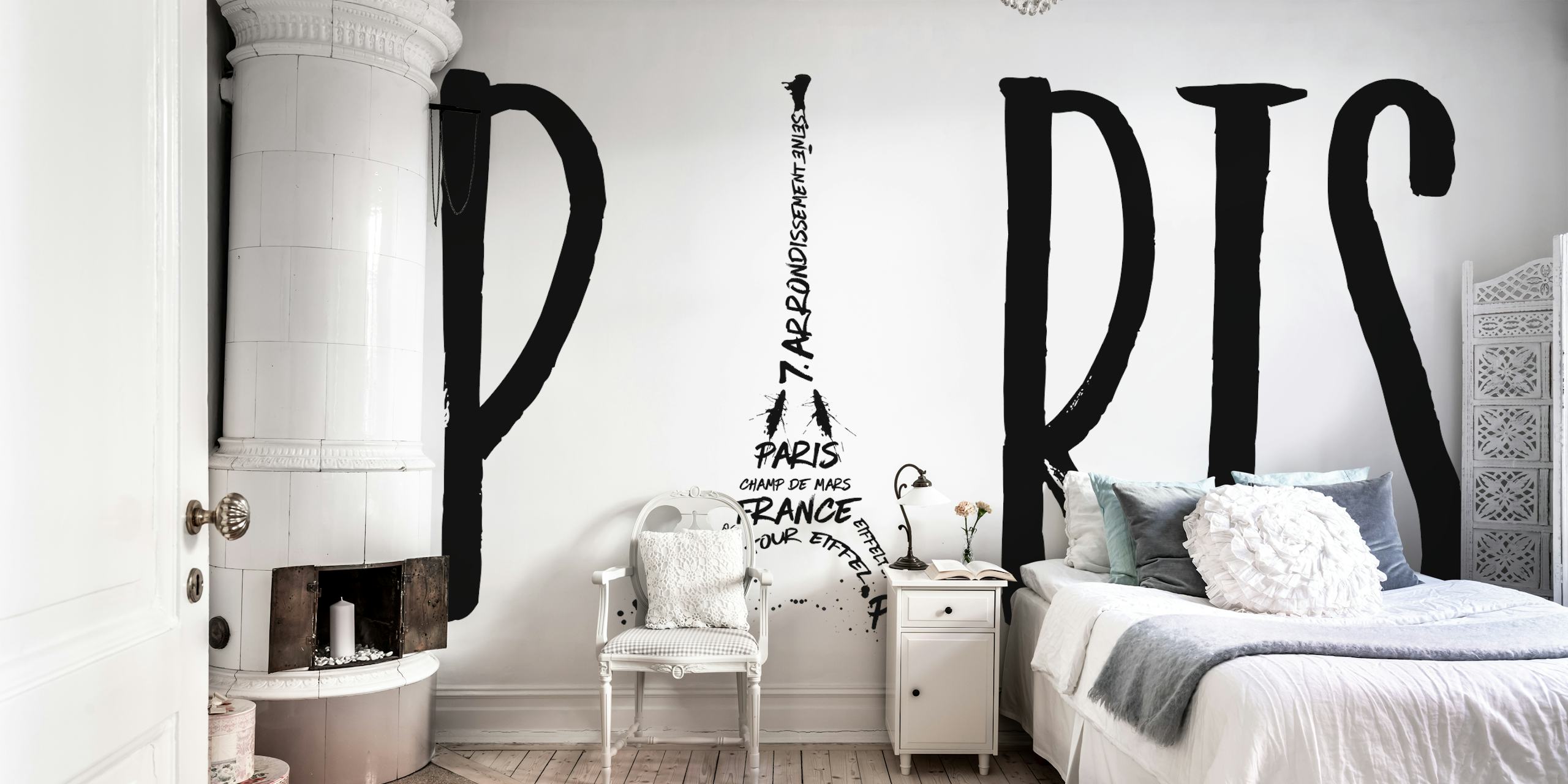 Sort og hvid Paris typografi kunst med Eiffeltårnet integreret i designet