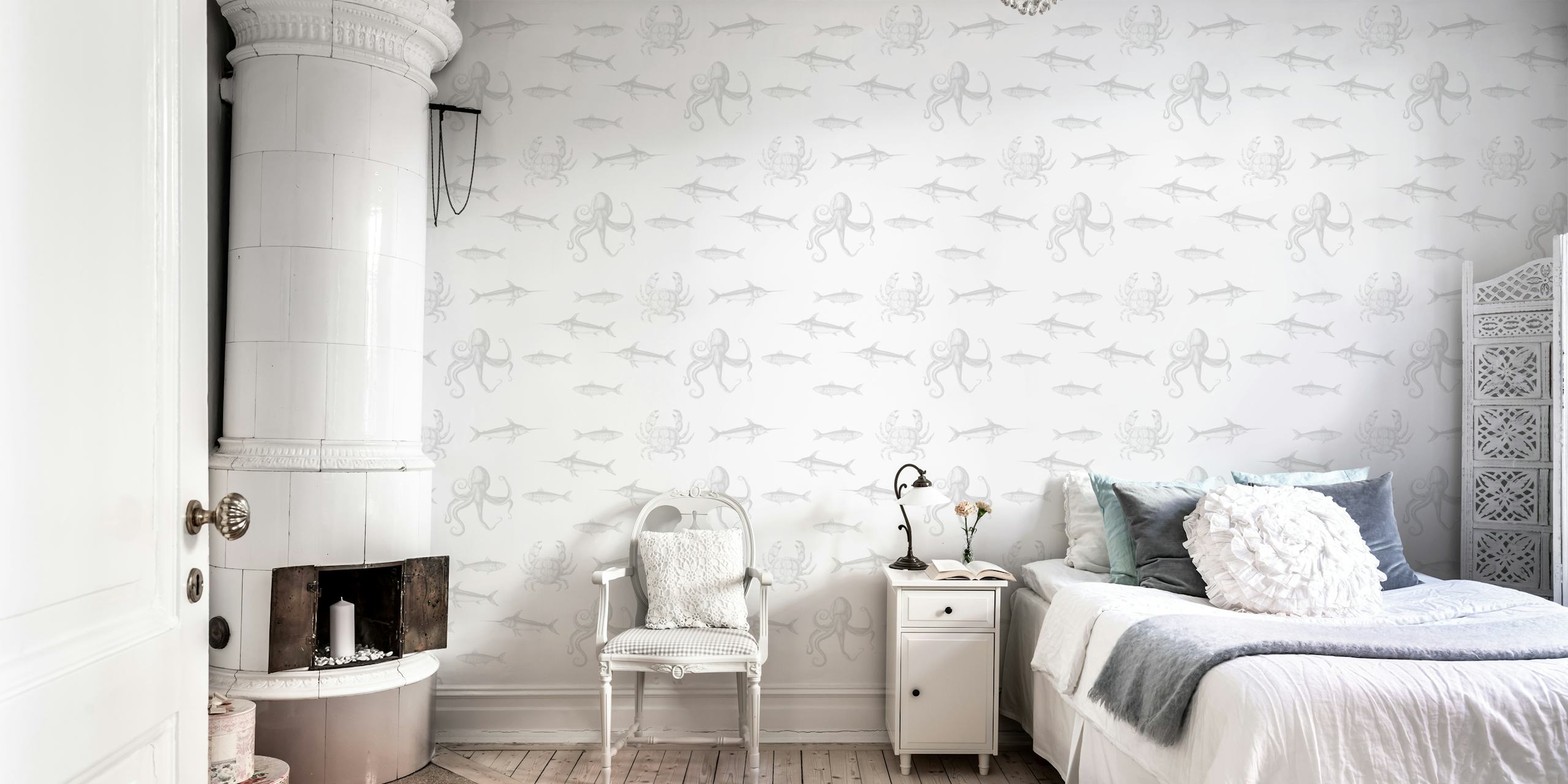 Nautical sea life wallpaper with octopuses and fish, white background, marine theme