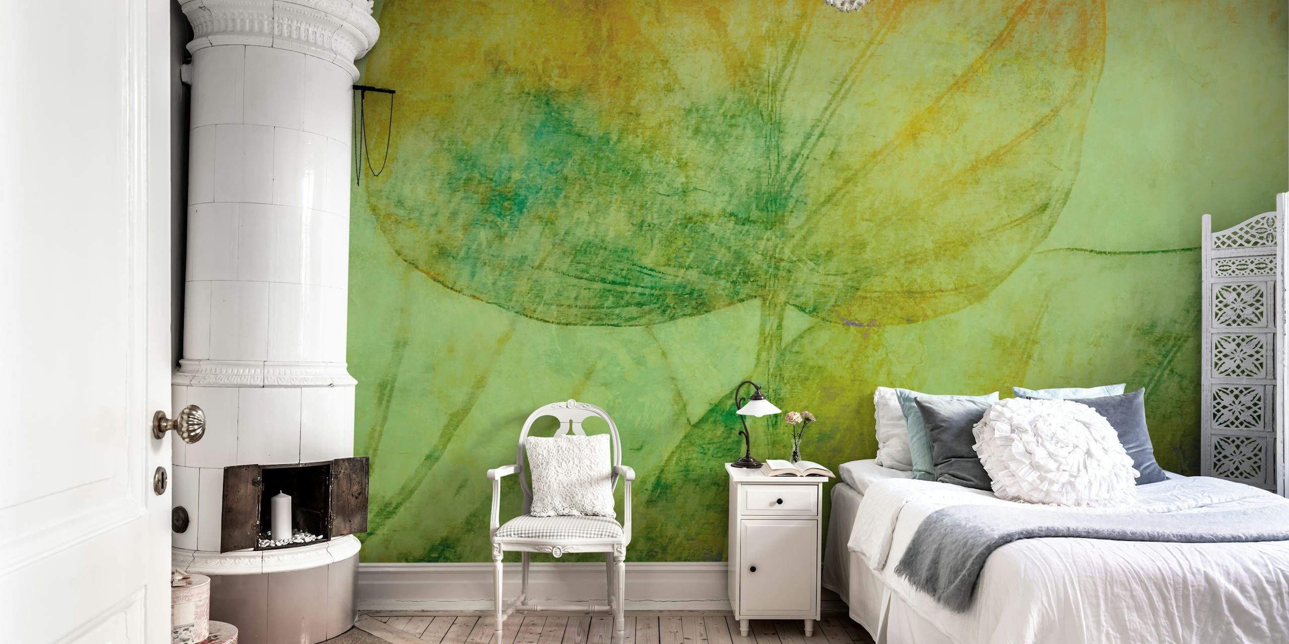 Oversized green leaf patterns on a textured background wallpaper