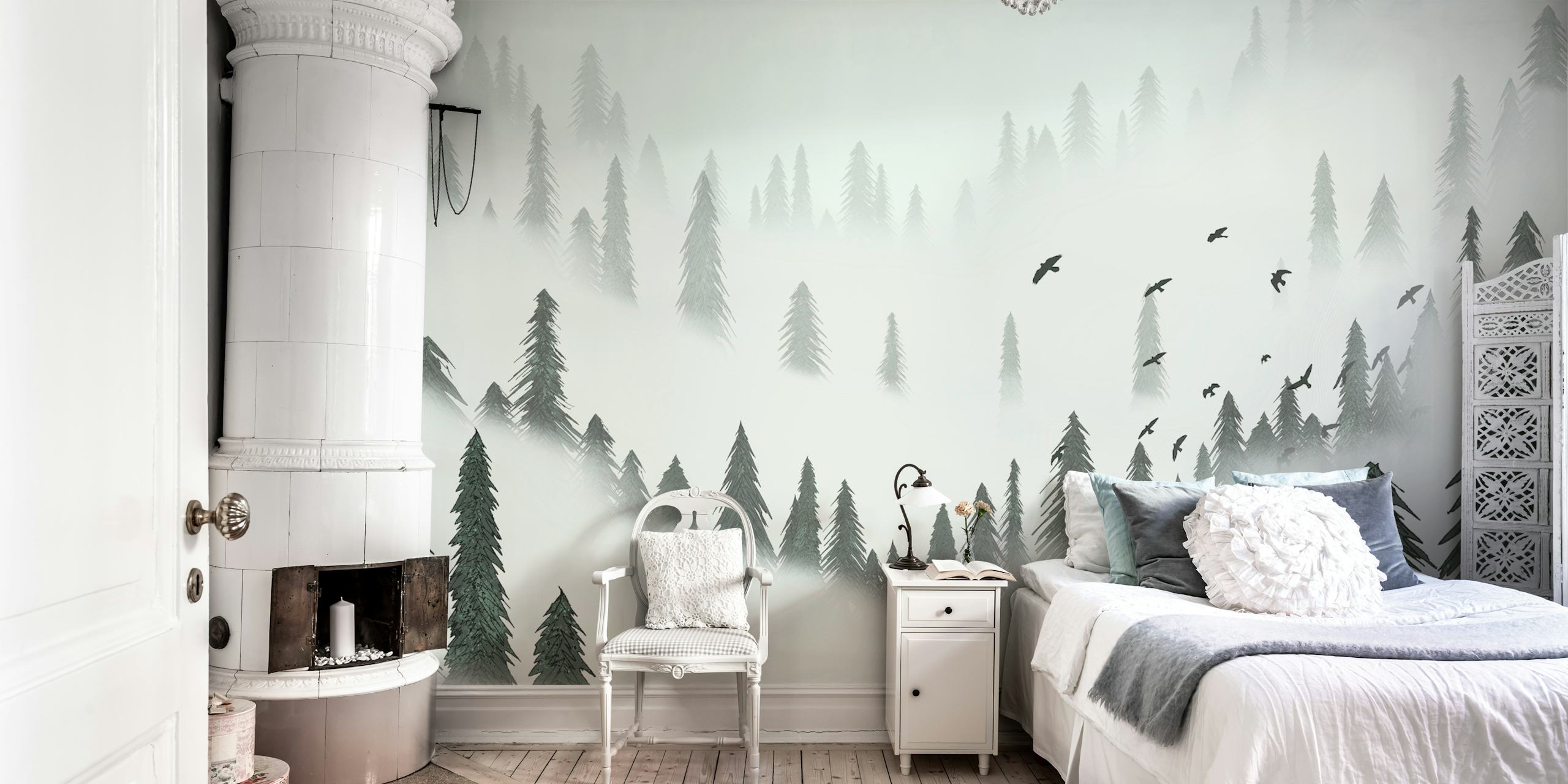 Silhouettes of tall evergreen trees in misty gray tones wallpaper