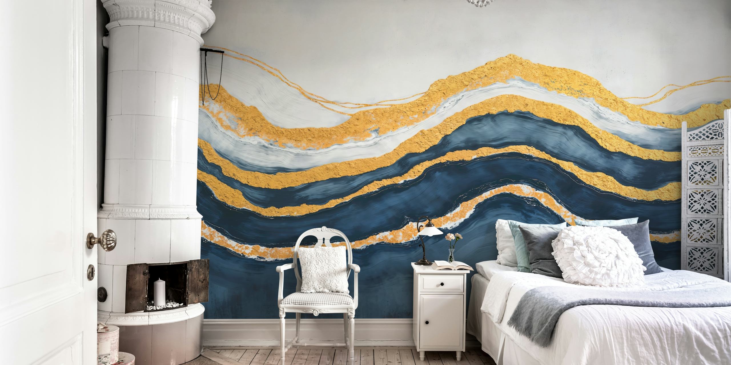 Wavy navy and gold abstract wallpaper with textured patterns