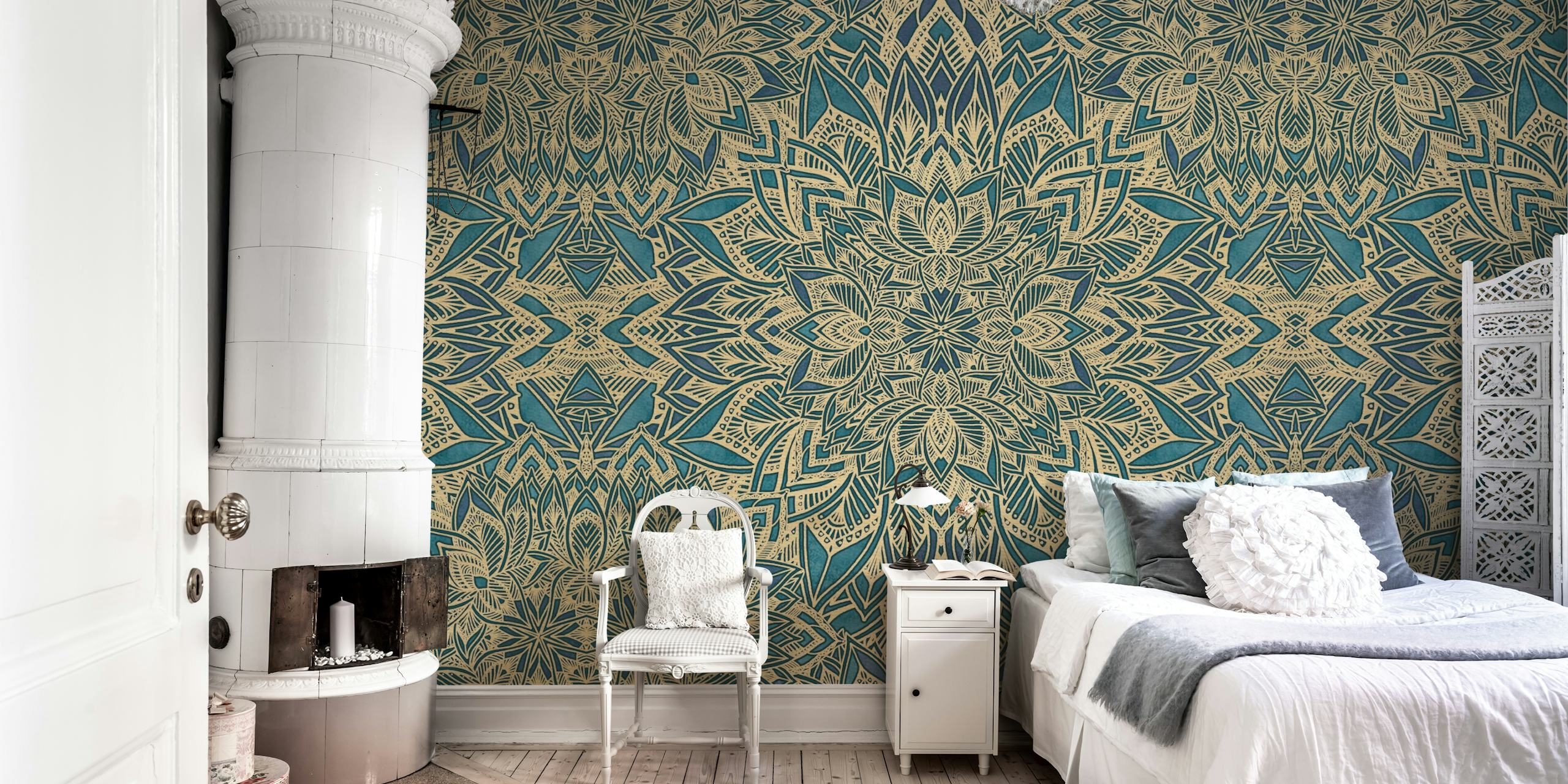 Teal and gold mandala pattern wallpaper in art deco style