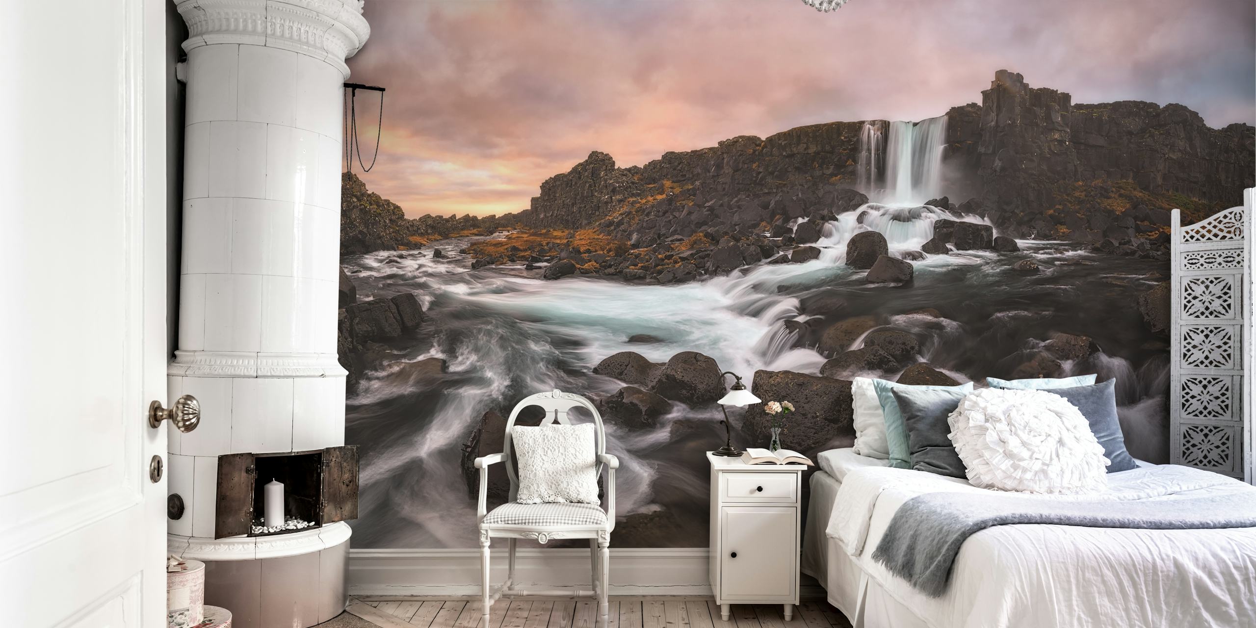 Wall mural of Oxararfoss waterfall with sunset hues