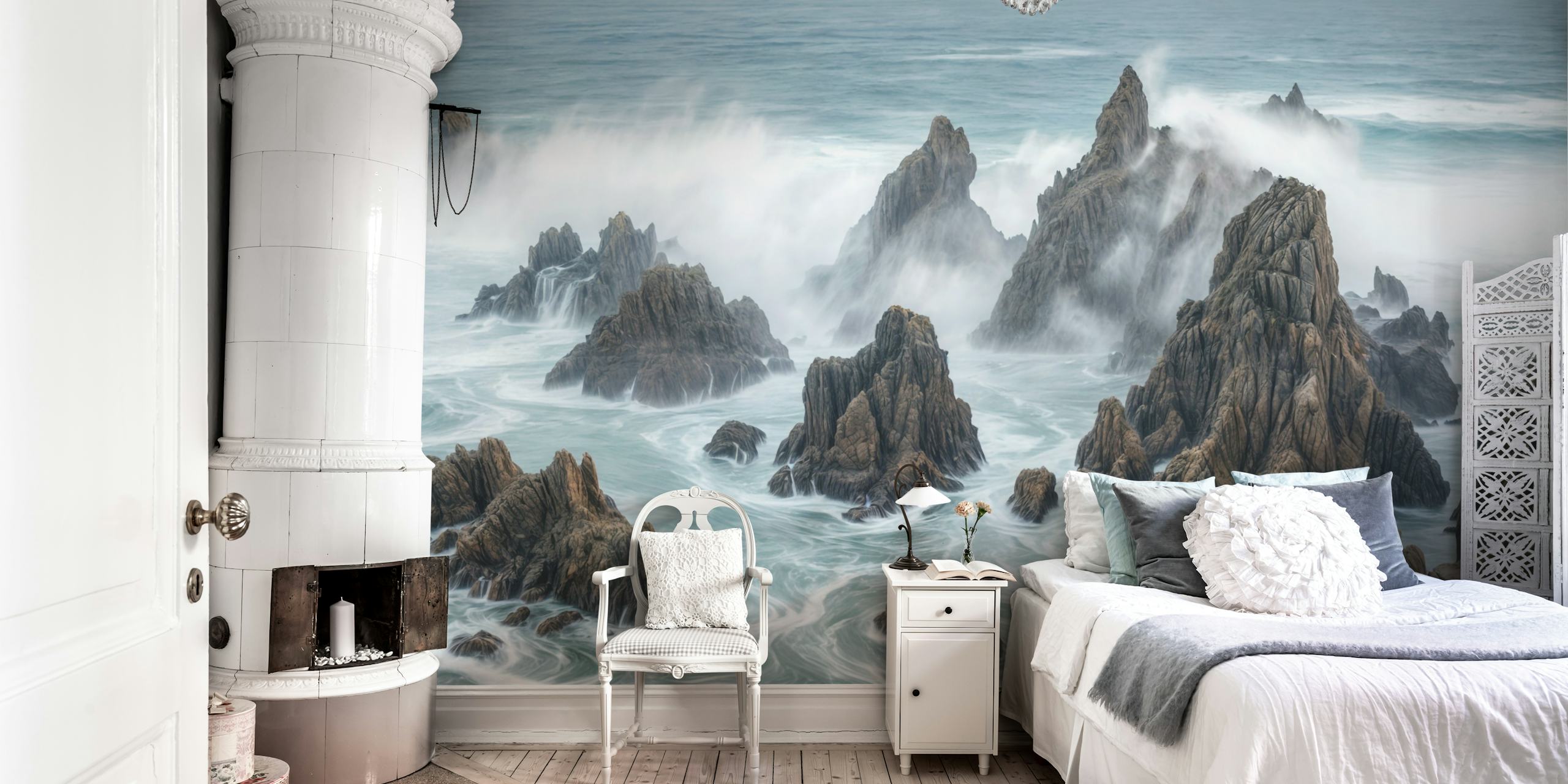 Rocky seascape with blue waves and mist wallpaper