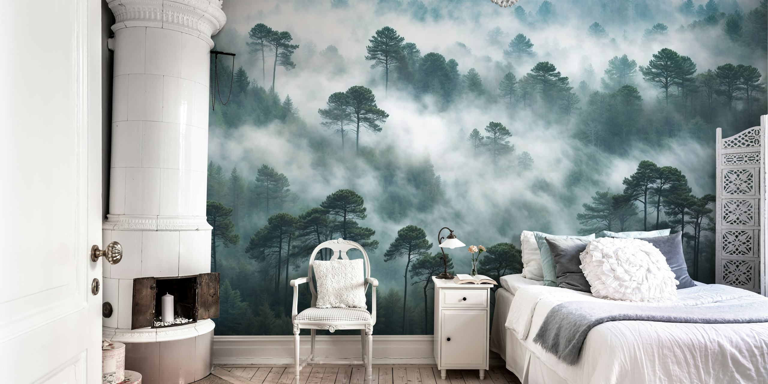 Tall pine trees in a misty forest, green toned wallpaper