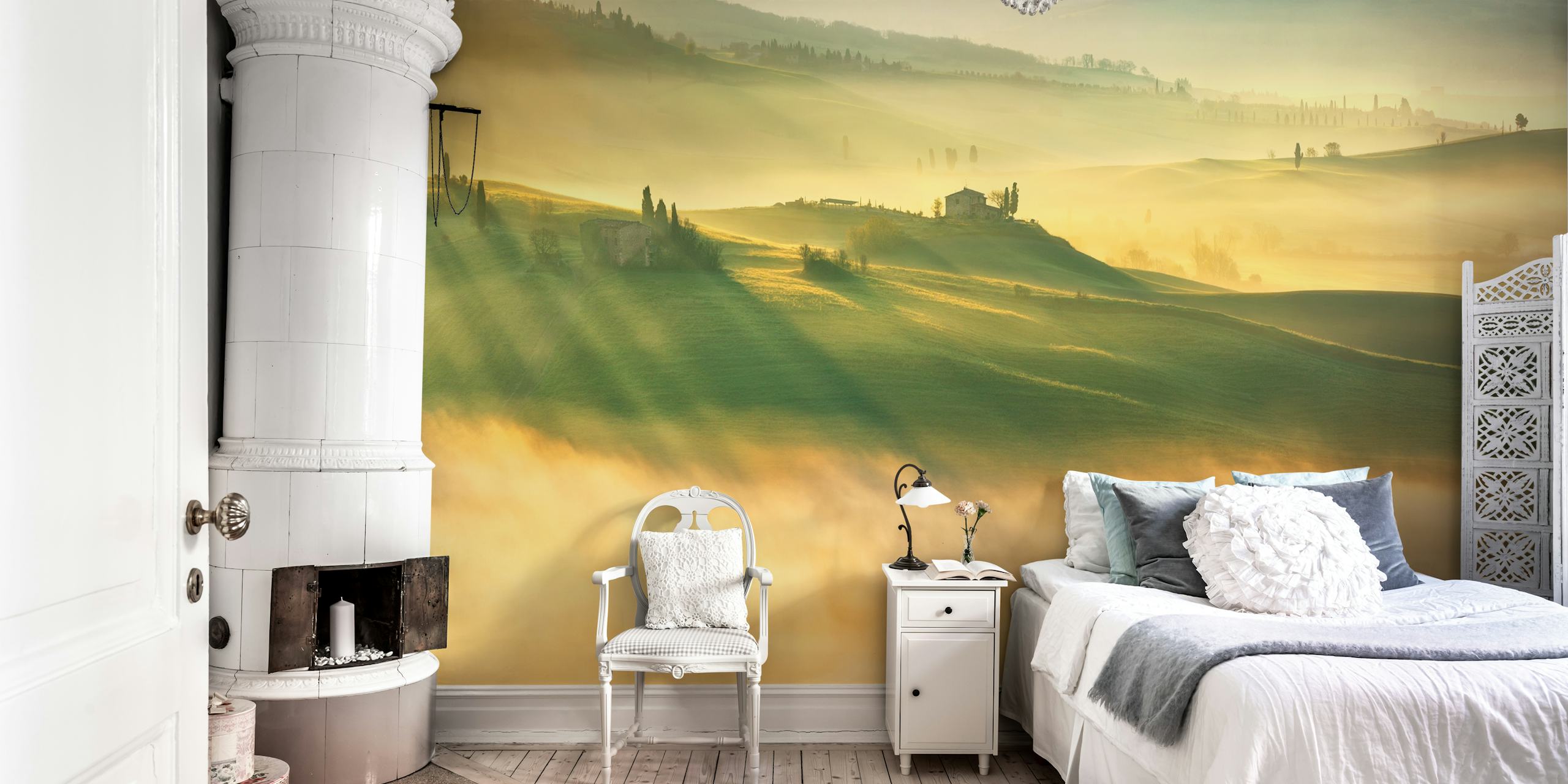 Foggy valley landscape with rolling hills and distant house wallpaper