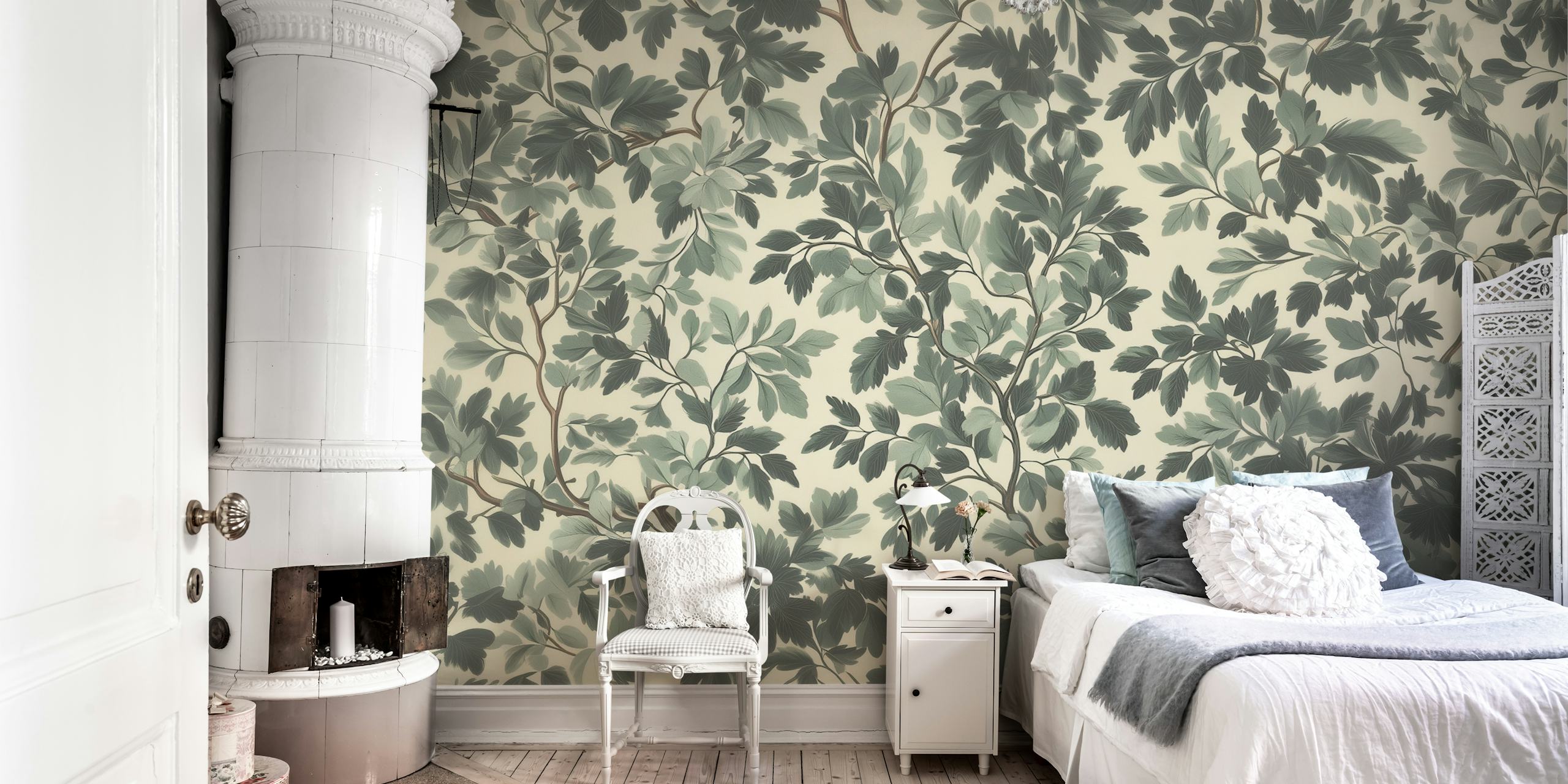 Botanical leafy pattern with dark green and soft gray hues wallpaper