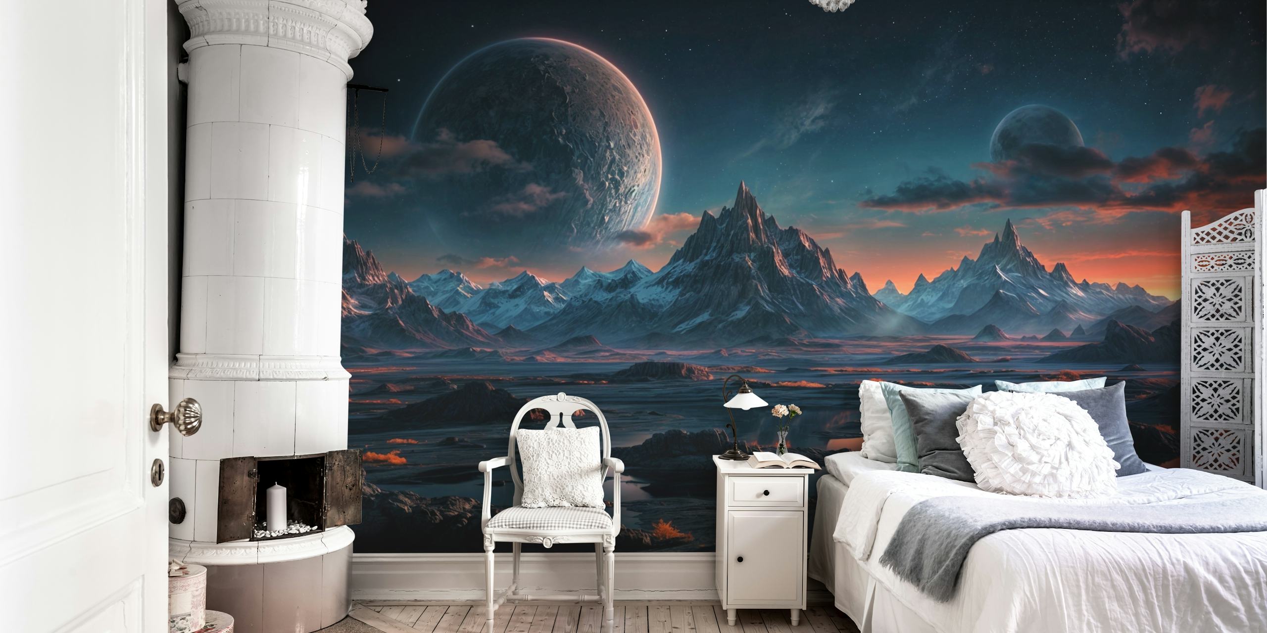 Galactic Twilight Vista-behang in een kamer
